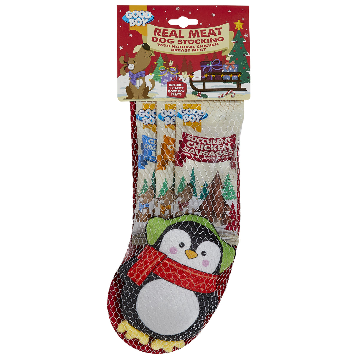 Armitage Good Boy Real Meat Dog Christmas Stocking with three 30g chicken treats and a squeaky soft toy