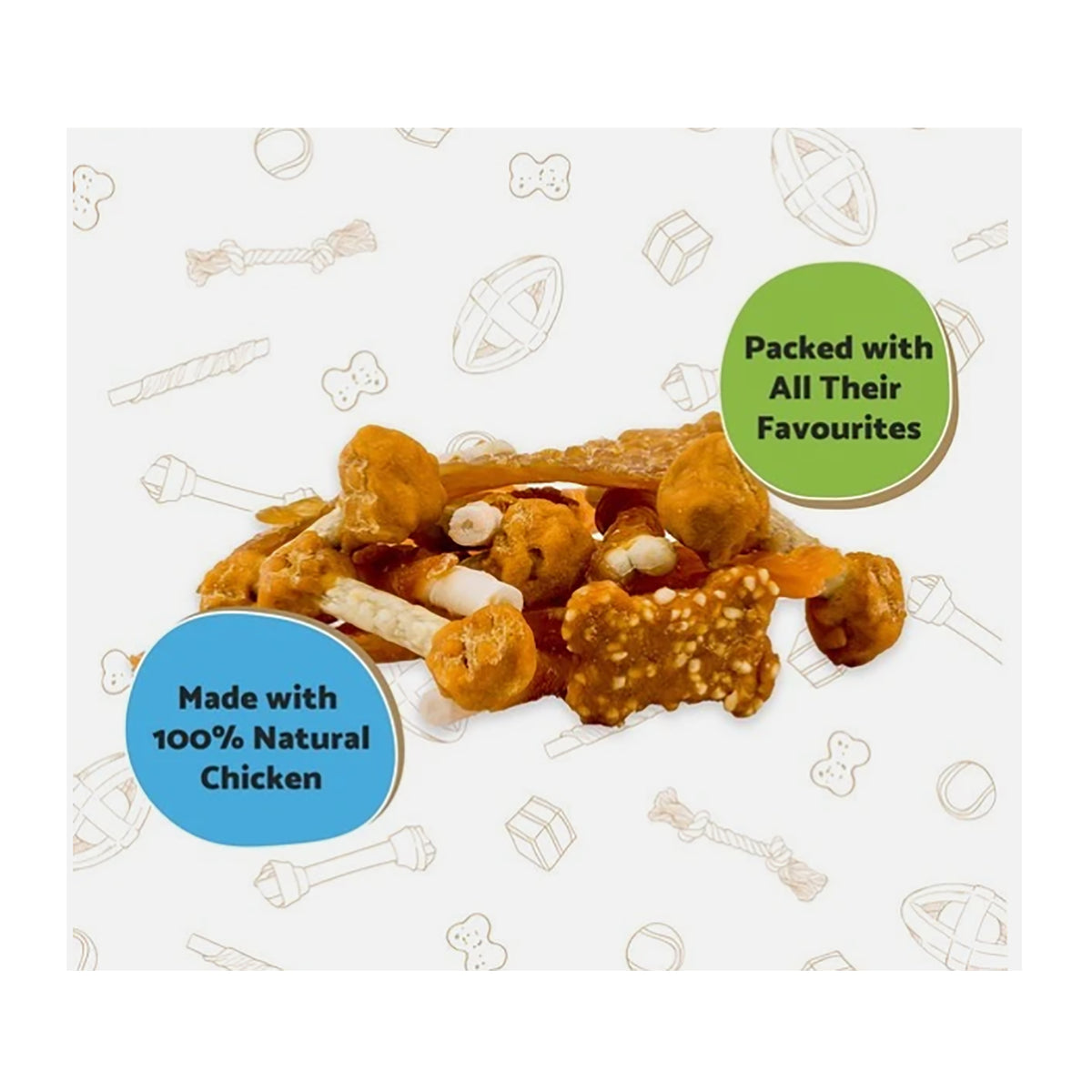 Close-up of treats from the Good Boy Chewy Chicken Variety Pack