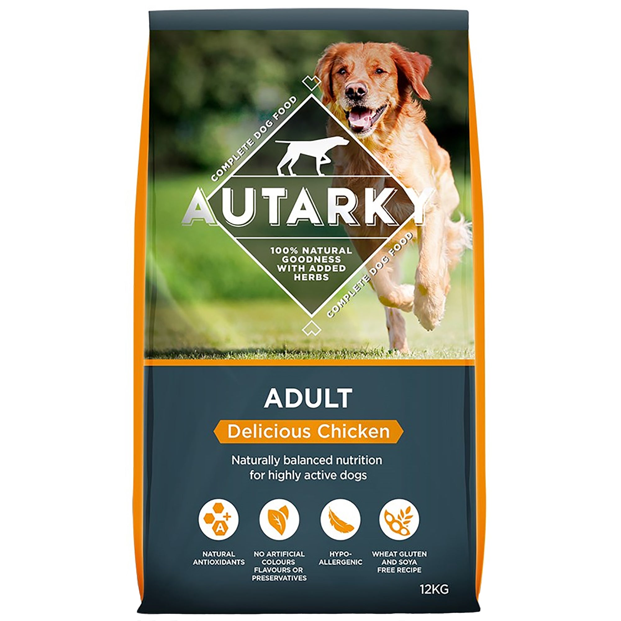 Autarky adult dog food package with a dog on the label against a green outdoor background