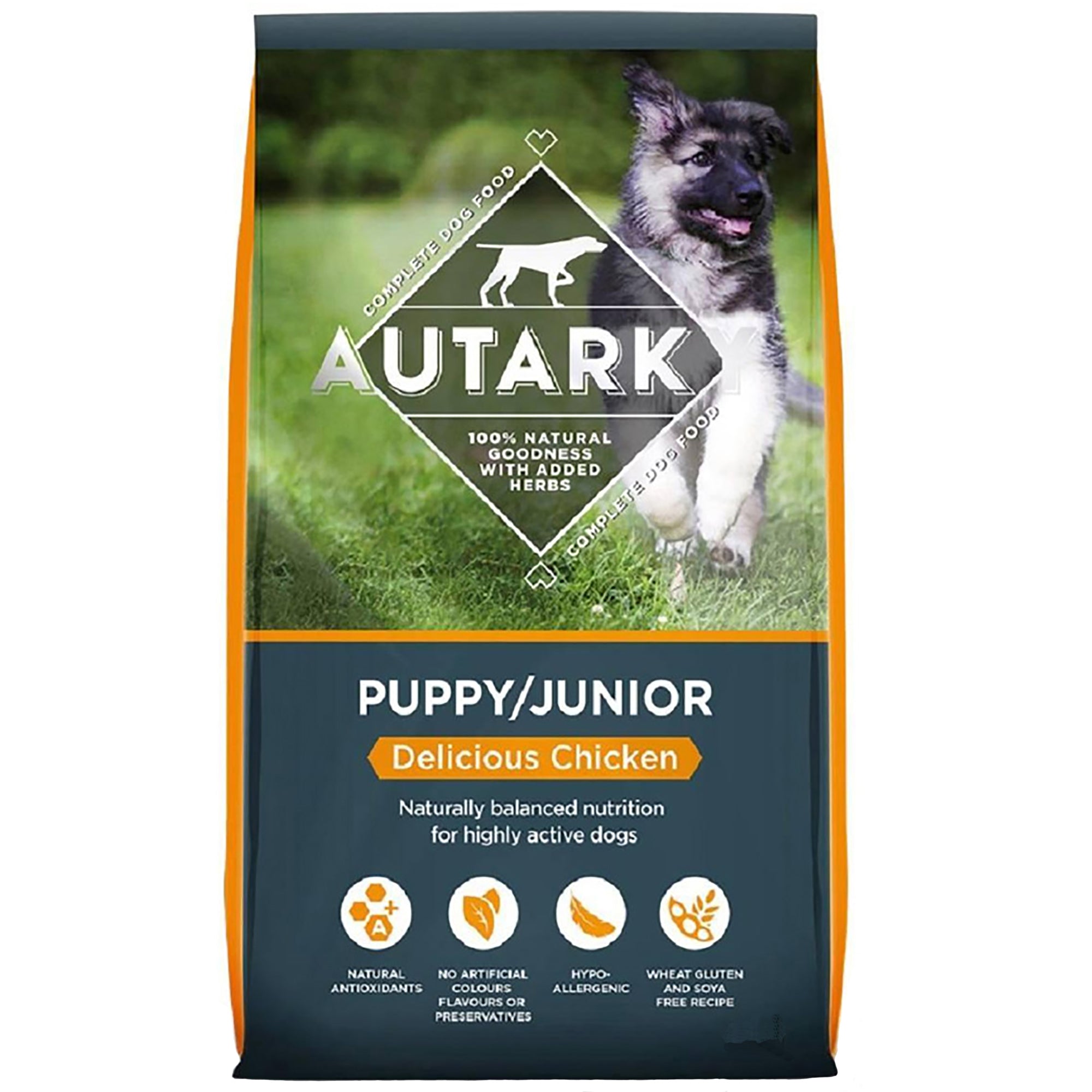 Autark Puppy/Junior dog food package with a dog on the label