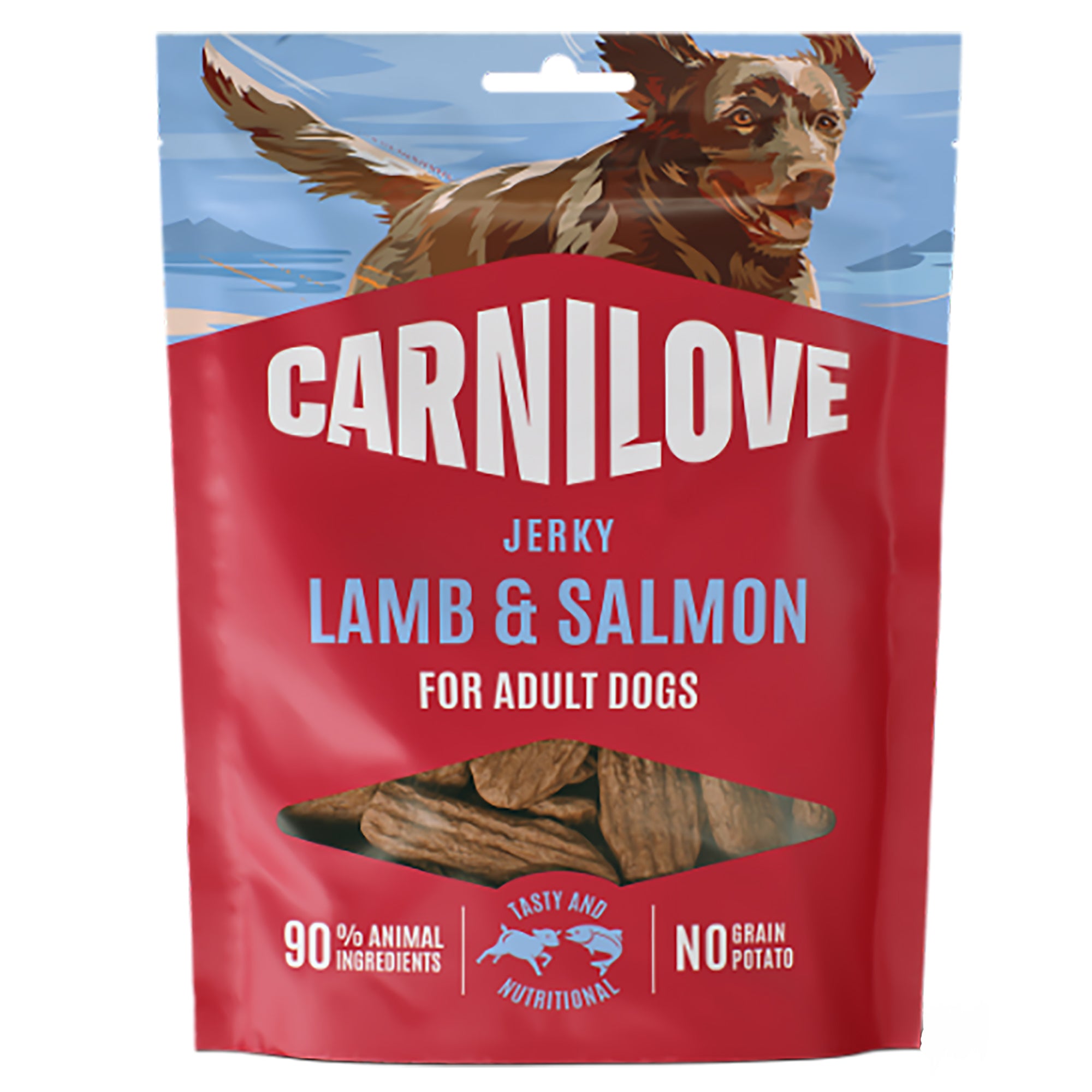 CarniLove Jerky Lamb & Salmon for adult dogs packaging with a dog on the label.