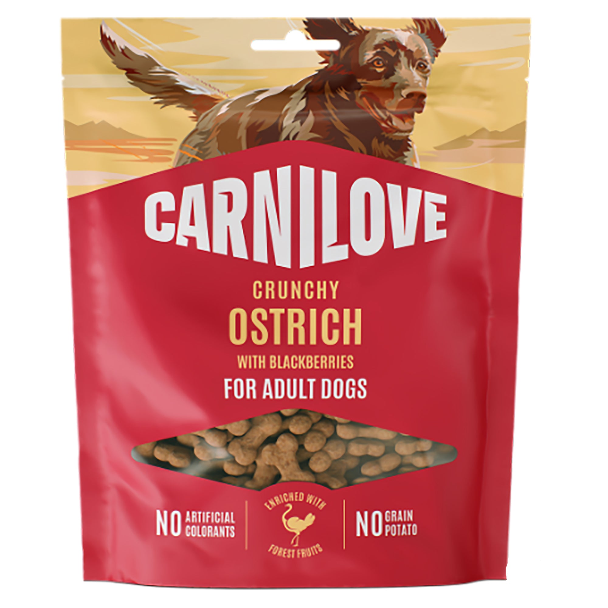 CarniLove dog food package with a red background and a dog on top
