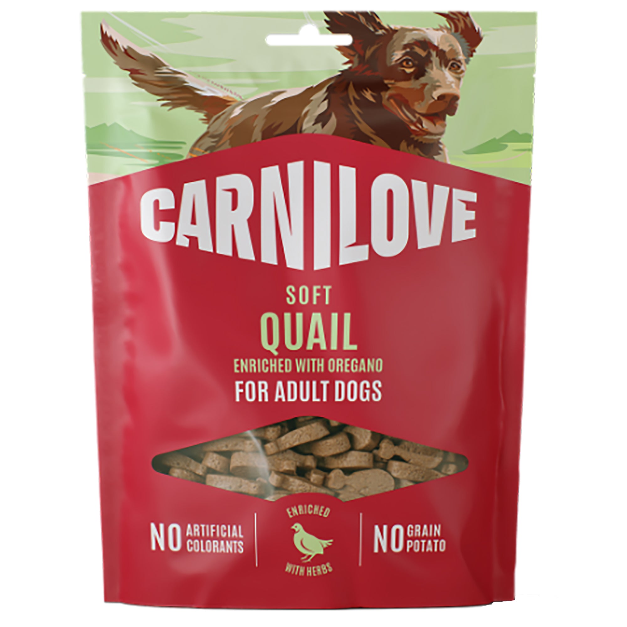 Carnilove soft quail dog food package with a red label and green background