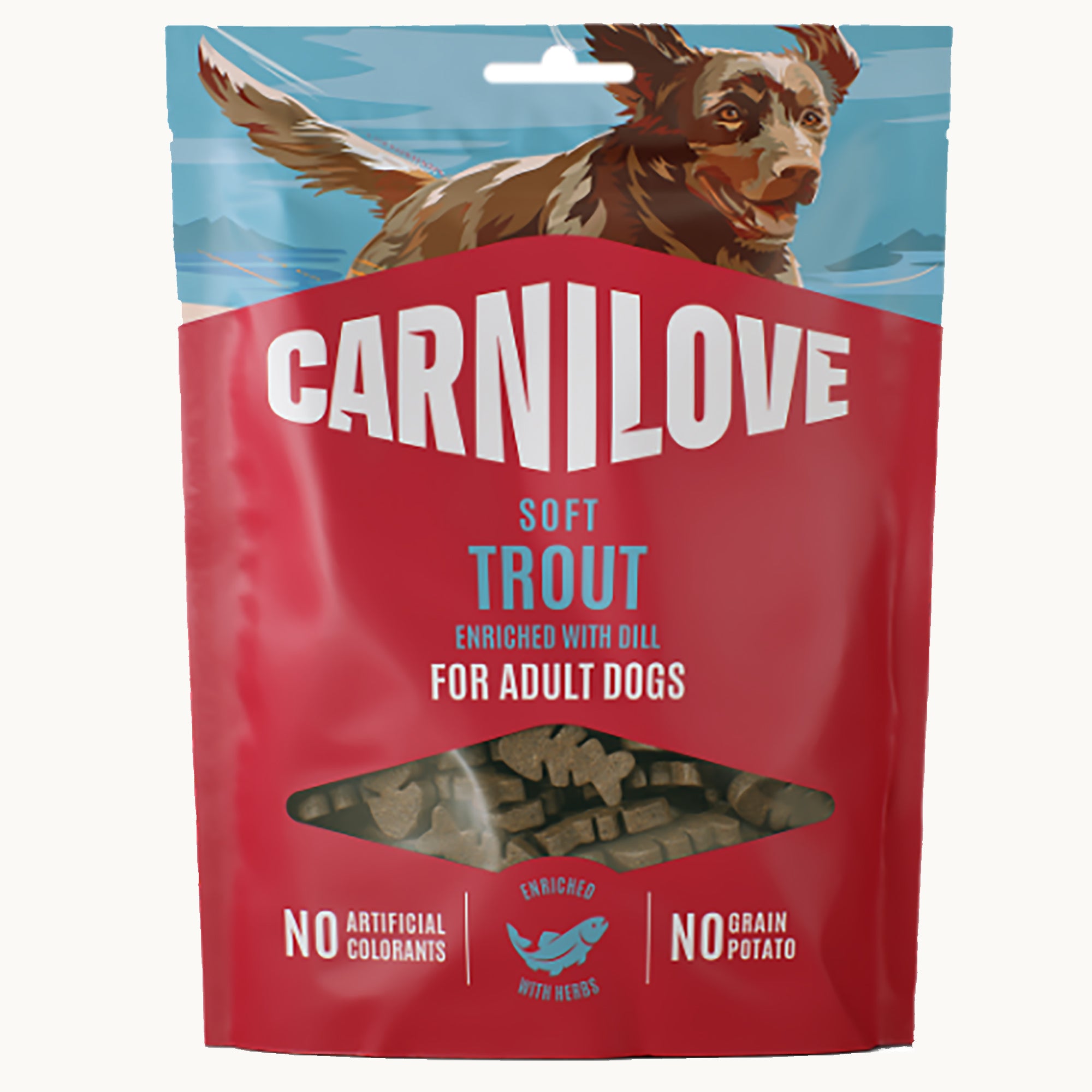 CarniLove soft trout dog treat package with a dog on the label