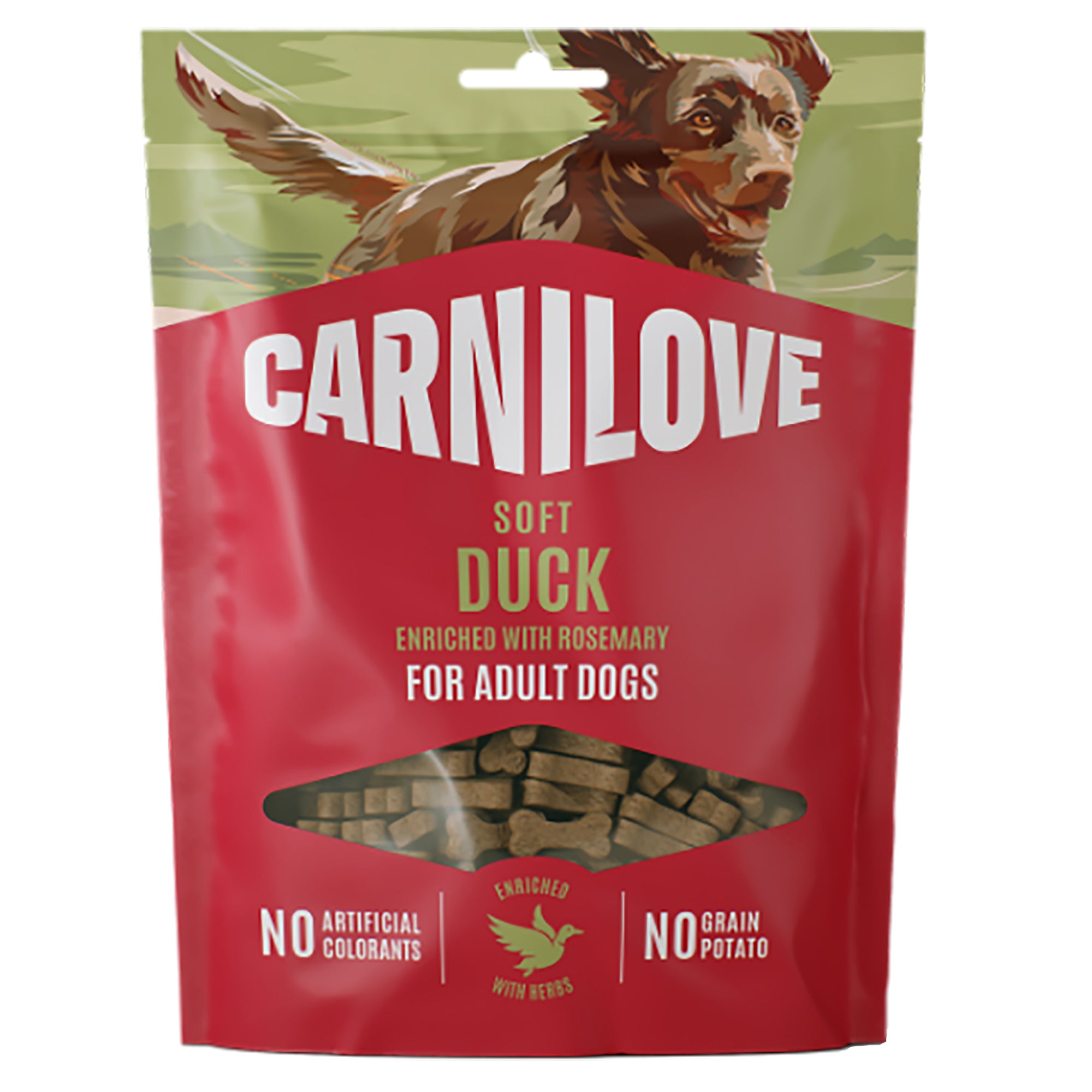 CarniLove soft duck dog treat package with a dog on the label.