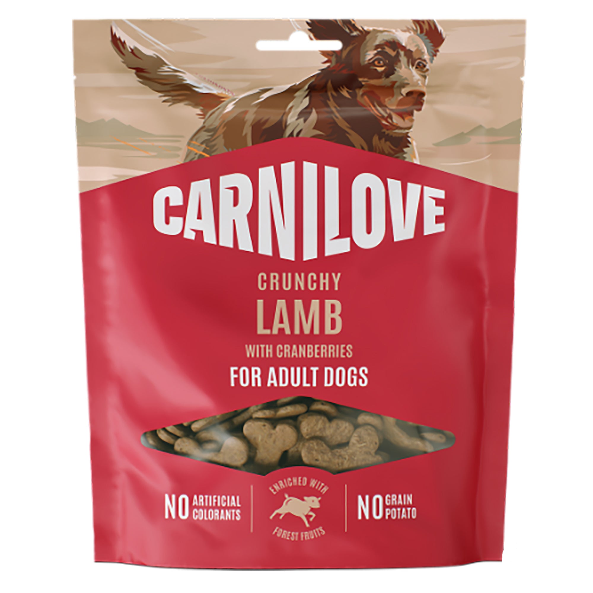 CarniLove crunchy lamb with cranberries dog treat packaging on a white background