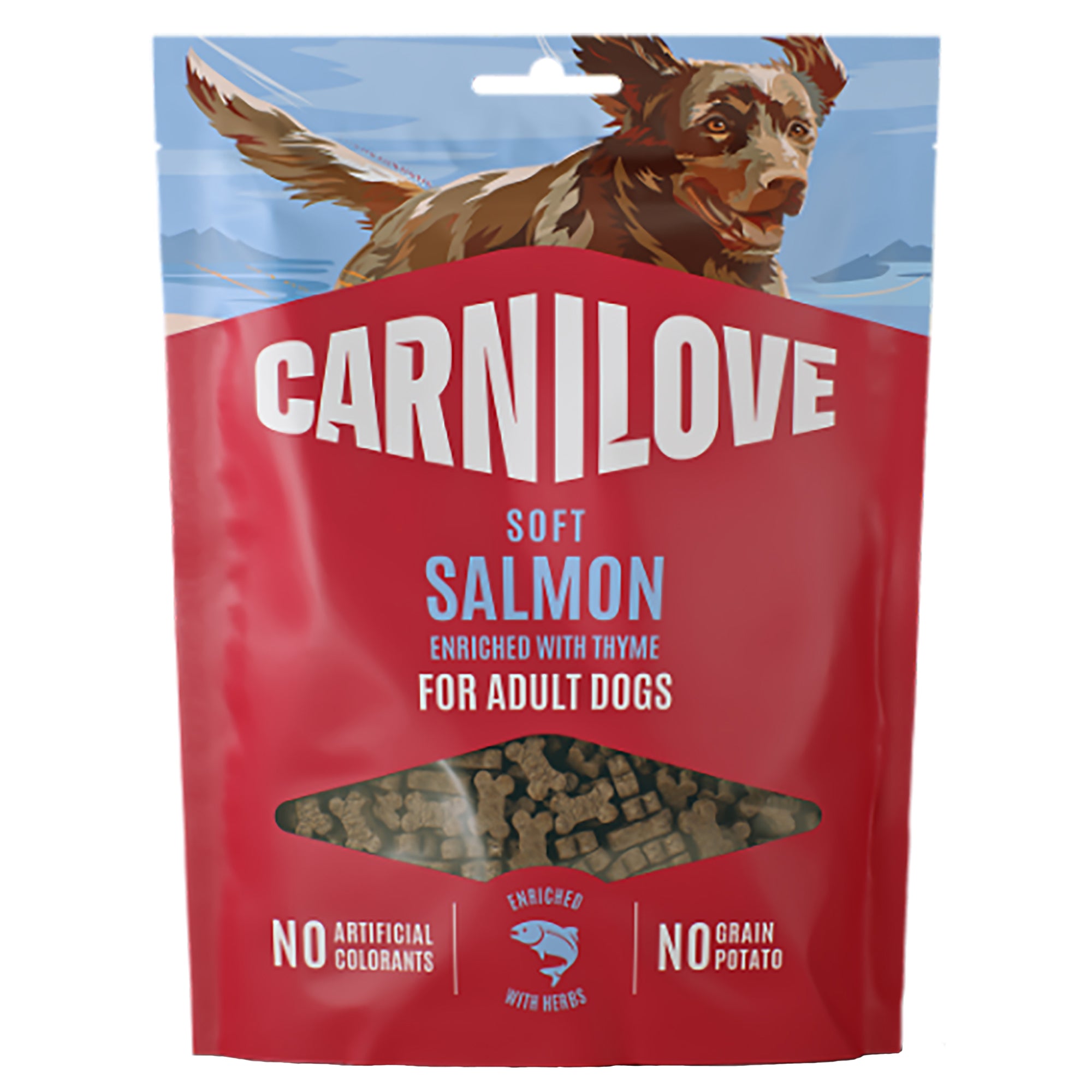 CarniLove soft salmon dog treat package with a dog on the label.