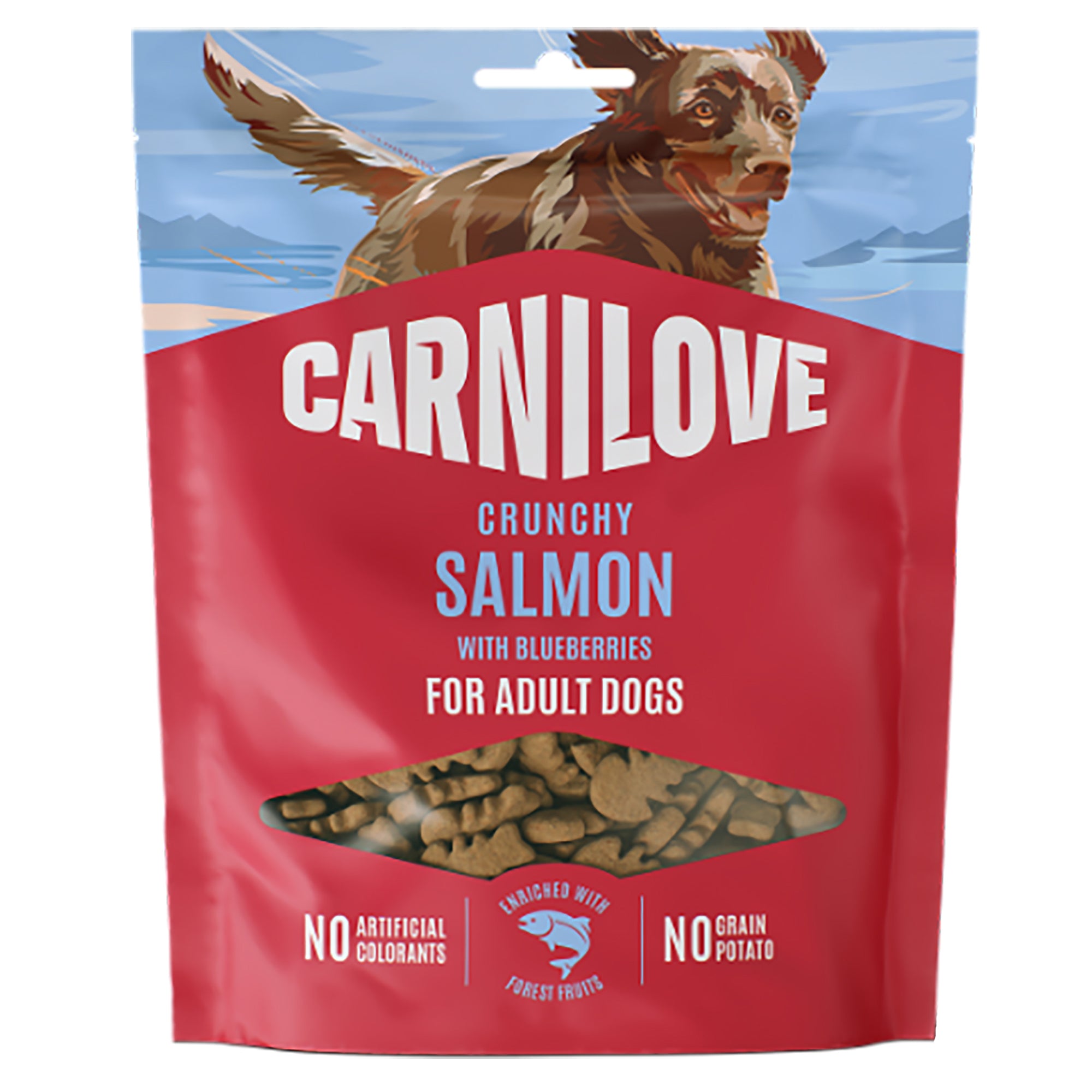 CarniLove dog food package with a dog on the label, featuring salmon and blueberries.