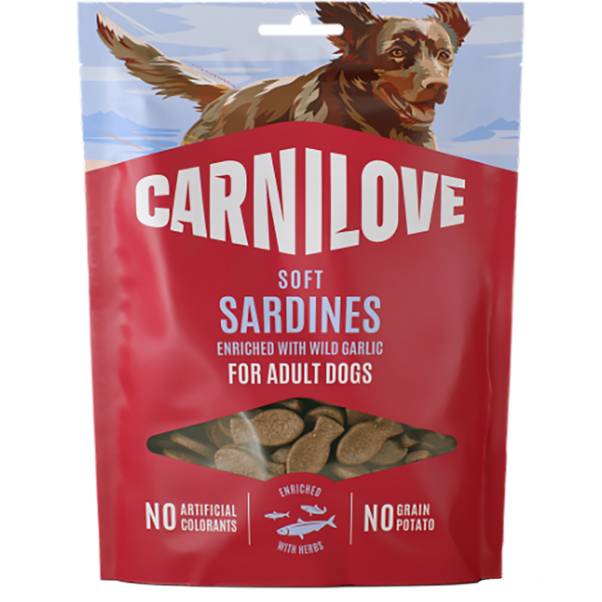 CarniLove soft sardines for adult dogs packaging with a dog on the label.