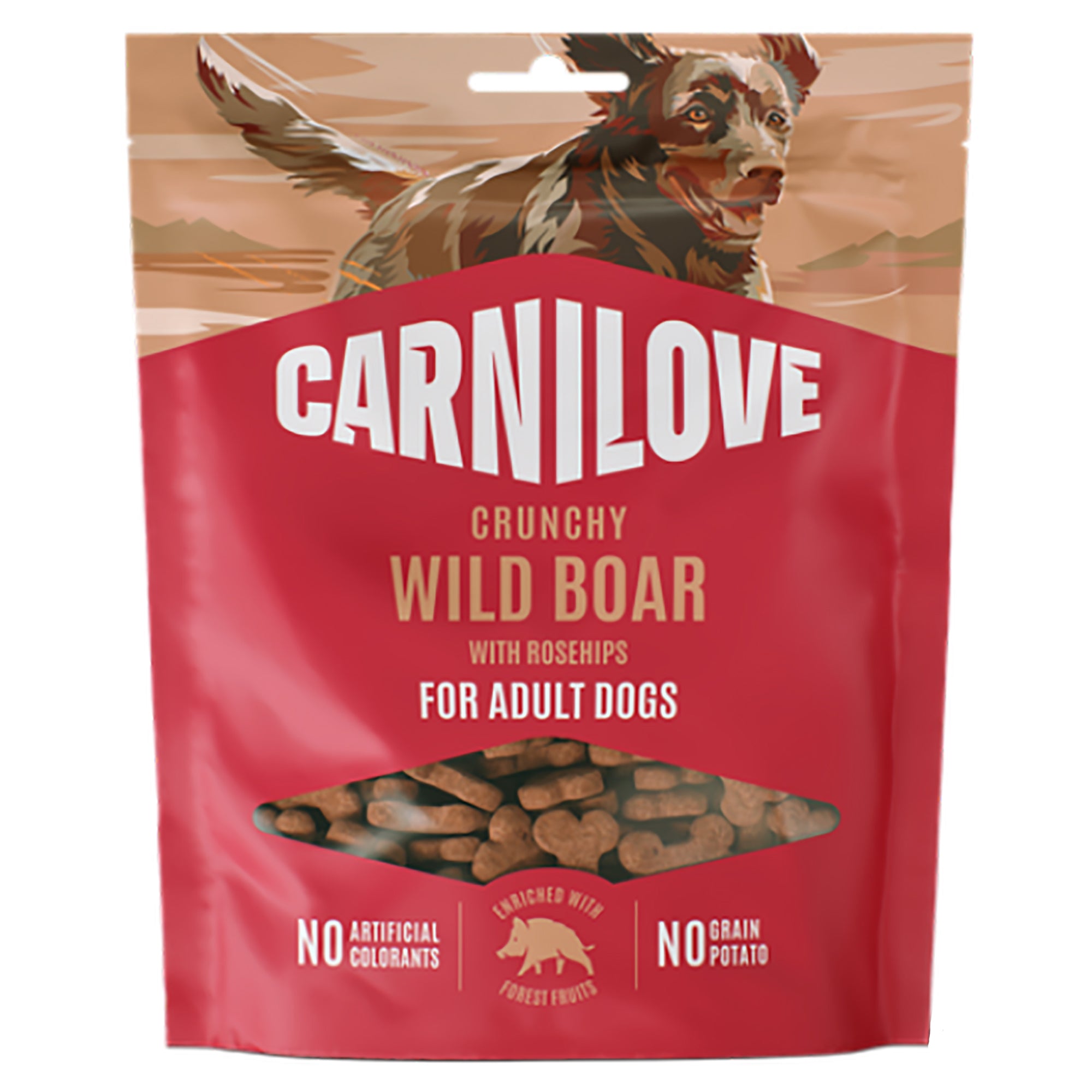 CarniLove crunchy wild boar dog food package on a white background