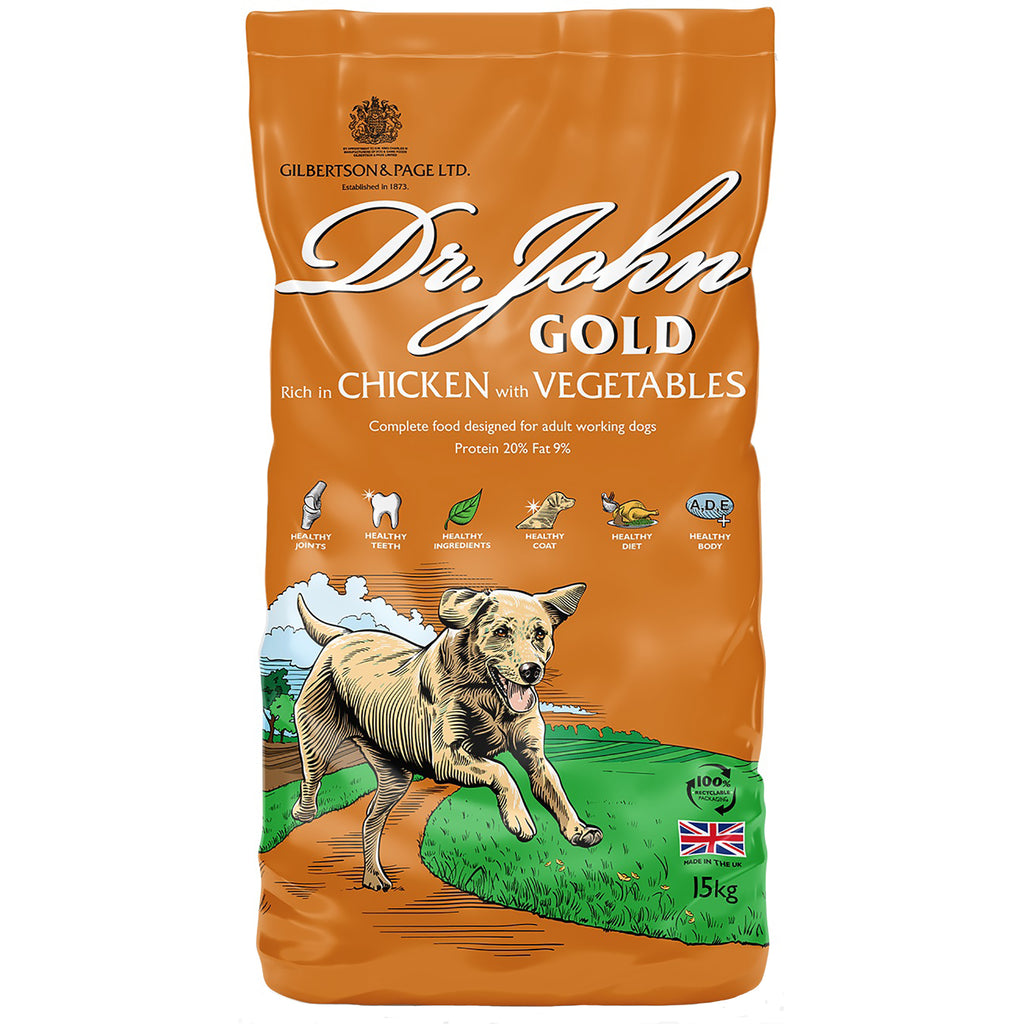 Bag of Dr. John Gold dog food with a dog illustration on an orange background