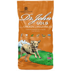 Bag of Dr. John Gold dog food with a dog illustration on an orange background