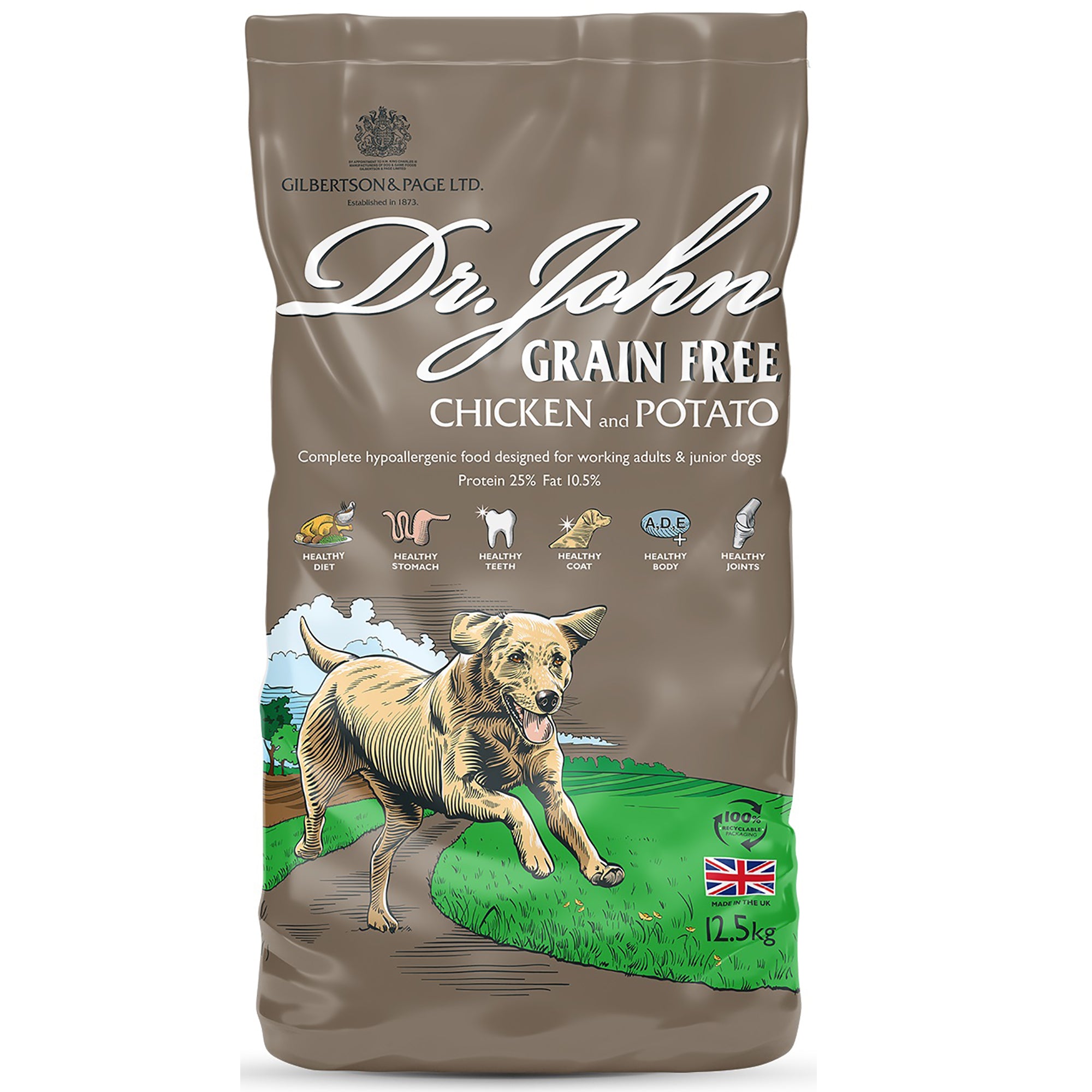 Bag of Dr. John grain-free dog food with a dog illustration on a white background