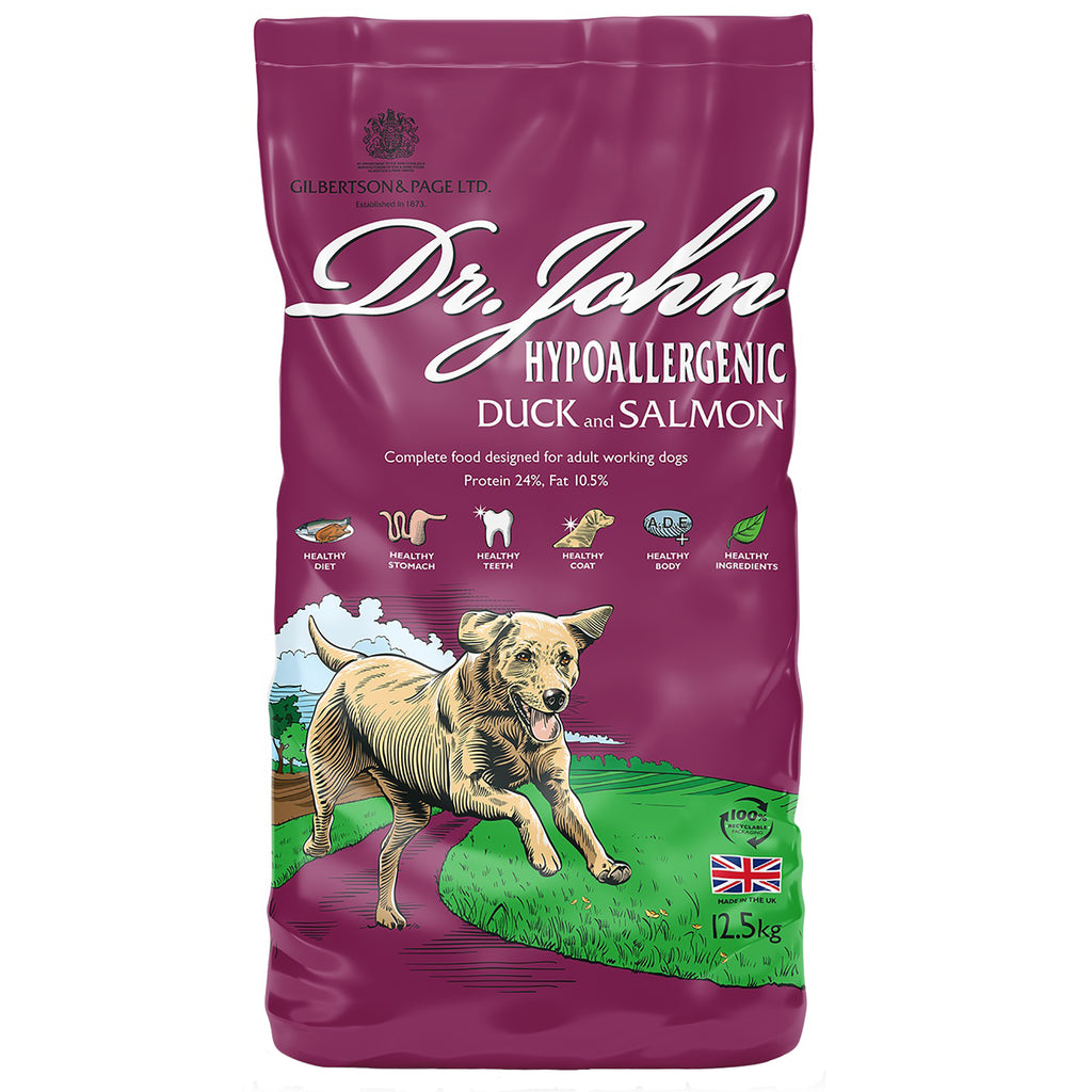 Dr. John hypoallergenic duck and salmon dog food package on a white background
