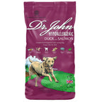 Dr. John hypoallergenic duck and salmon dog food package on a white background