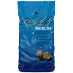 Blue bag of Dr. John's Merlin ferret food with a ferret illustration on a white background