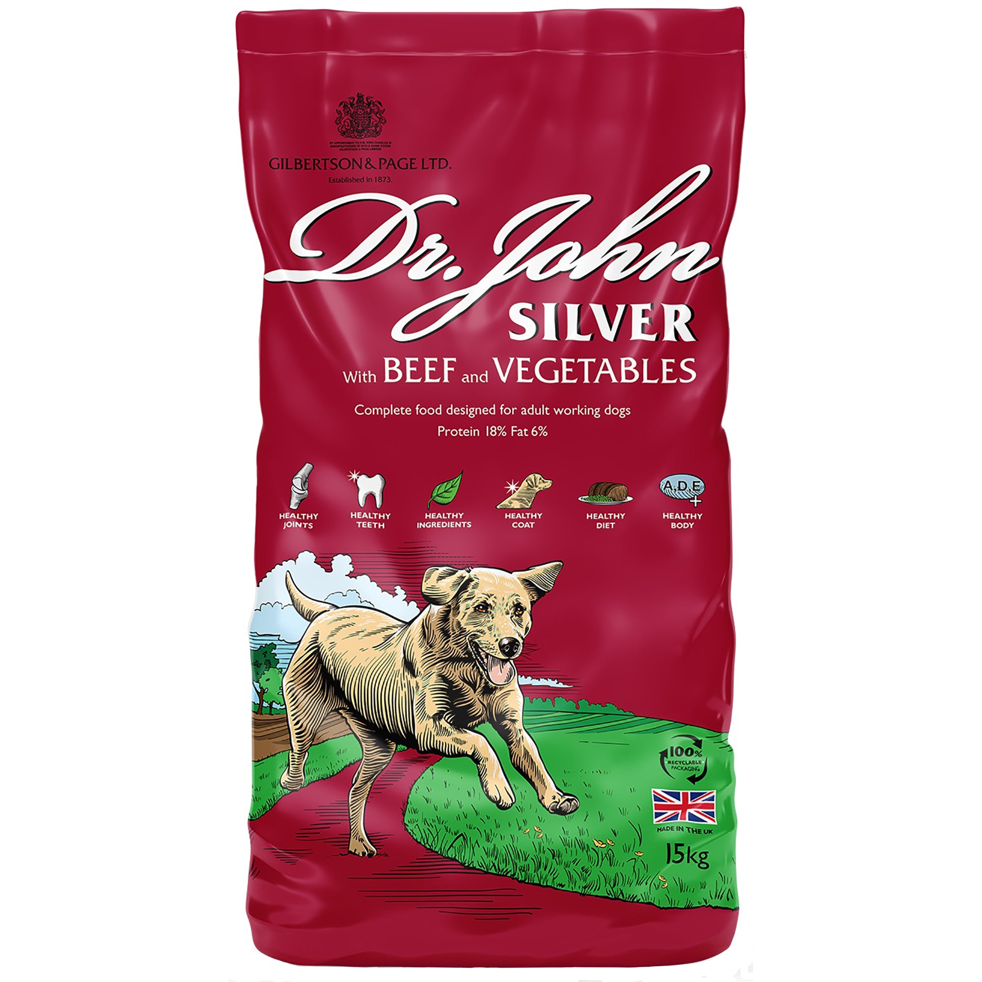 Red bag of Dr. John Silver dog food with a dog illustration on a white background