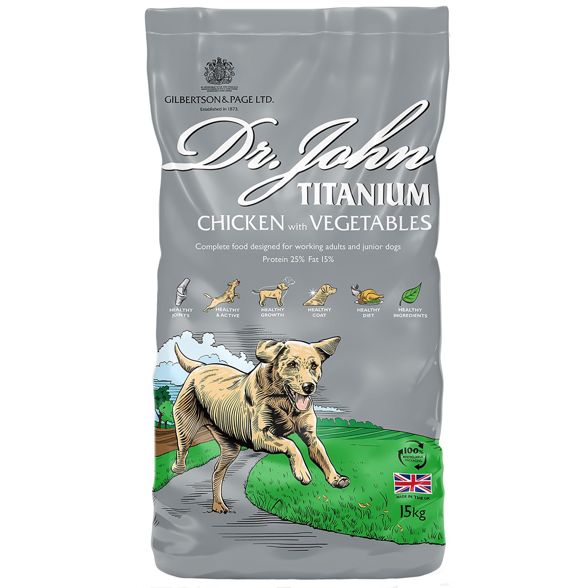 Dog food package labeled 'Dr John Titanium Chicken with Vegetables' on a white background
