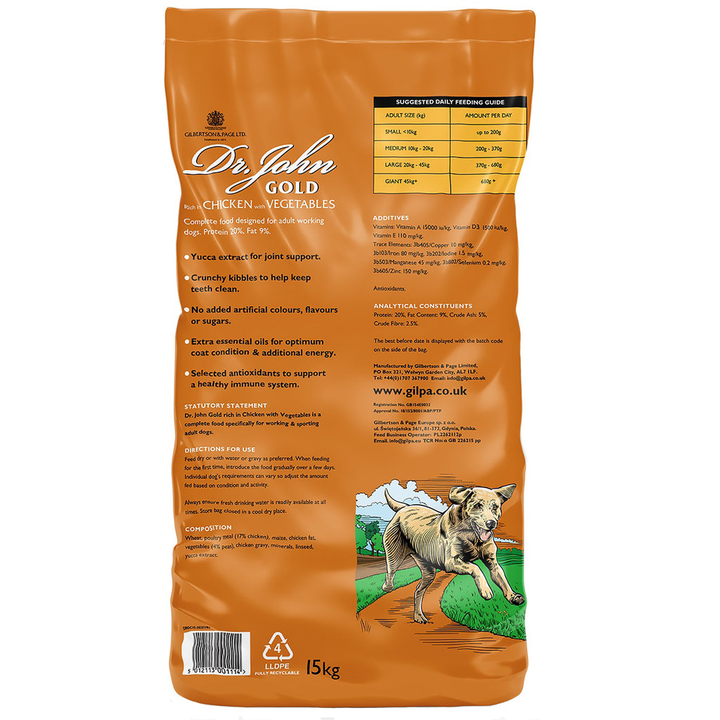 Orange bag of Dr. John Gold dog food with text and a dog illustration on a white background
