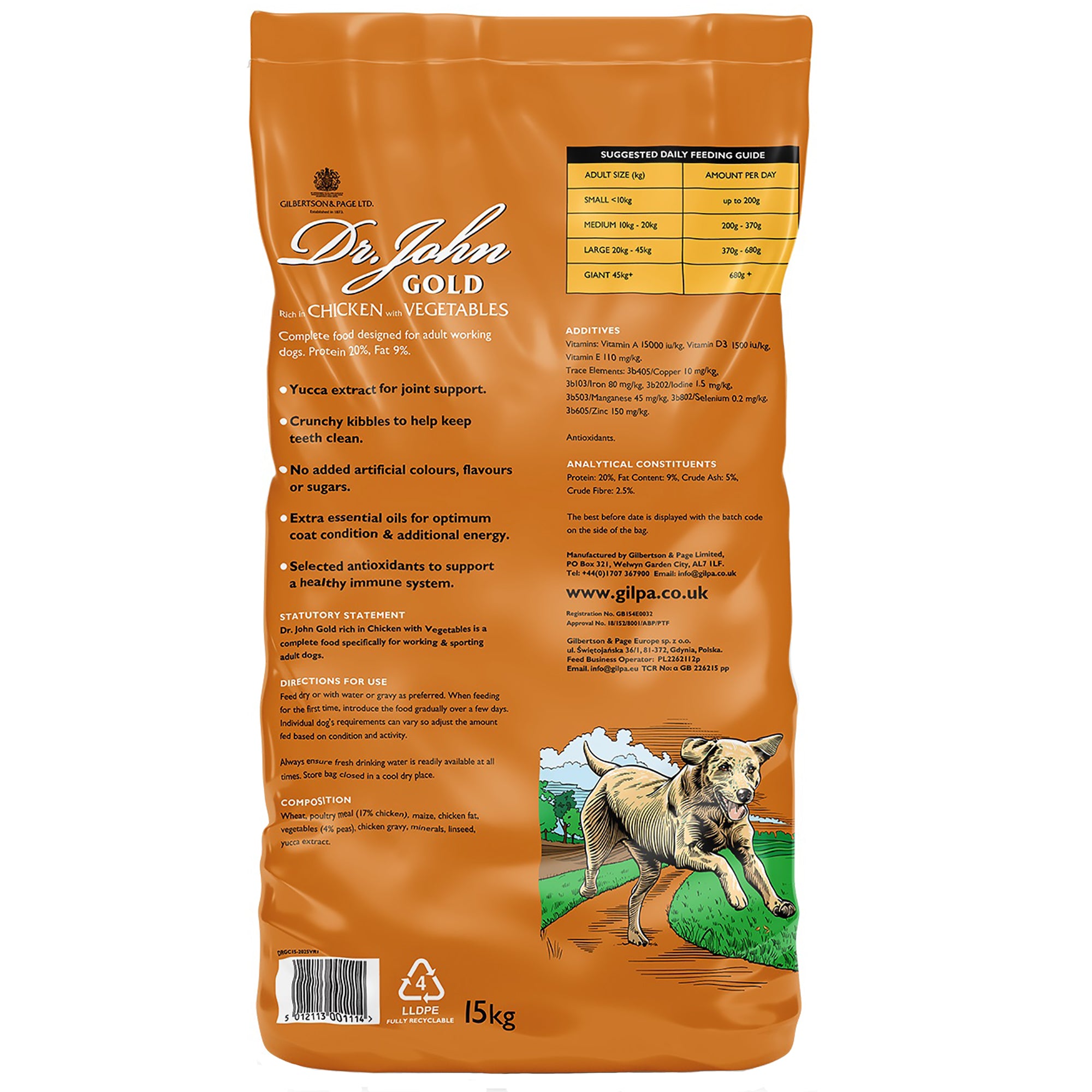 Orange bag of Dr. John Gold dog food with text and a dog illustration on a white background