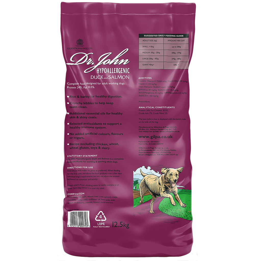 Purple bag of Dr. John dog food with a dog on the label