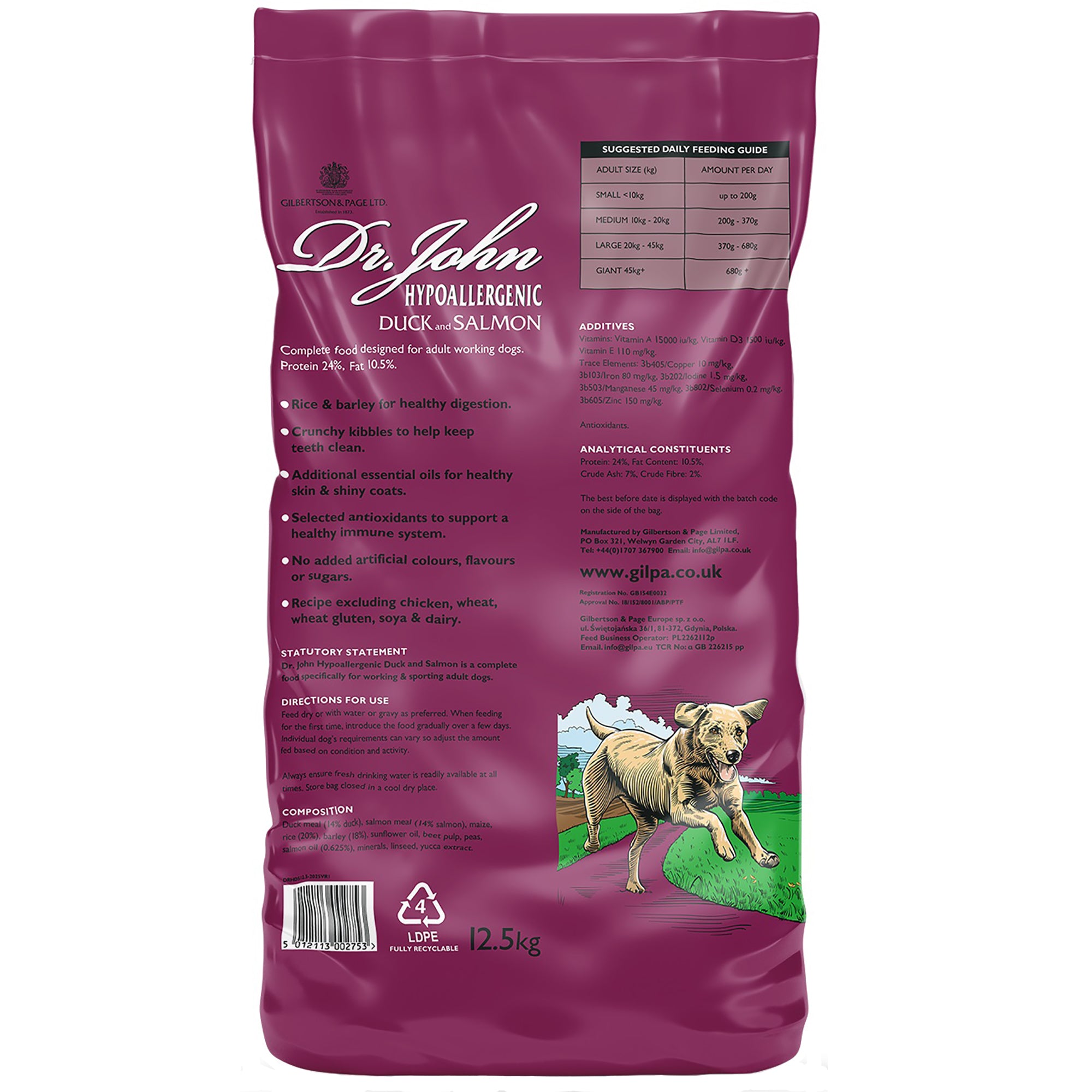Purple bag of Dr. John dog food with a dog on the label