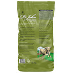 Green bag of Dr. John's Hypoallergenic Lamb & Rice dog food with text and images on a white background