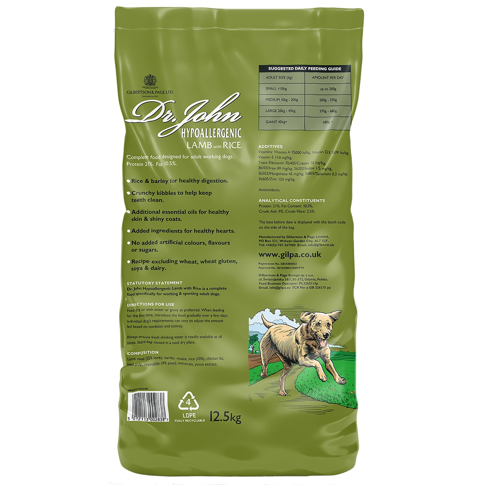 Green bag of Dr. John's Hypoallergenic Lamb & Rice dog food with text and images on a white background