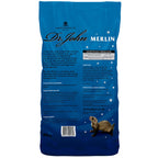 Blue bag of Dr. John Merlin pet food with a ferret illustration on a white background