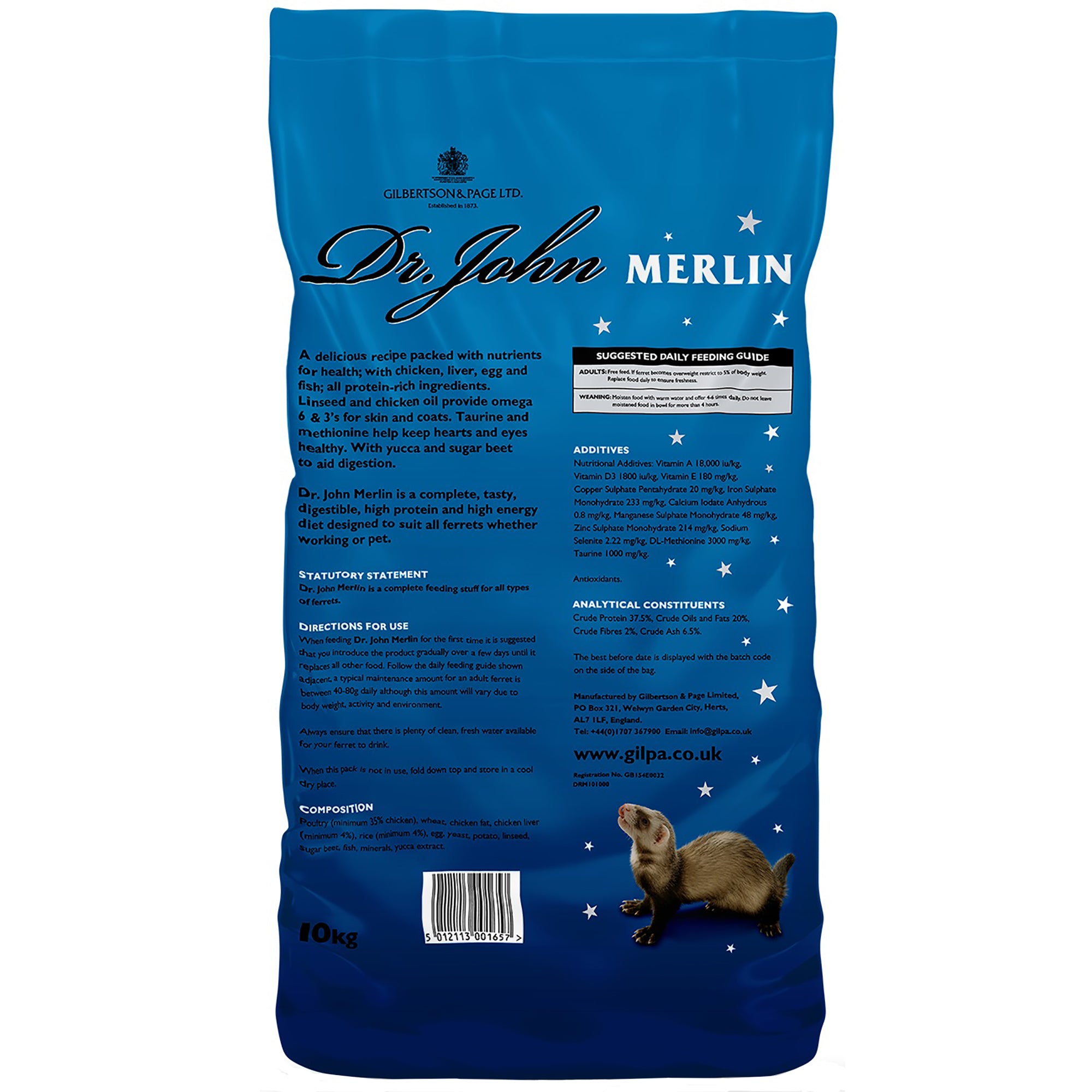 Blue bag of Dr. John Merlin pet food with a ferret illustration on a white background