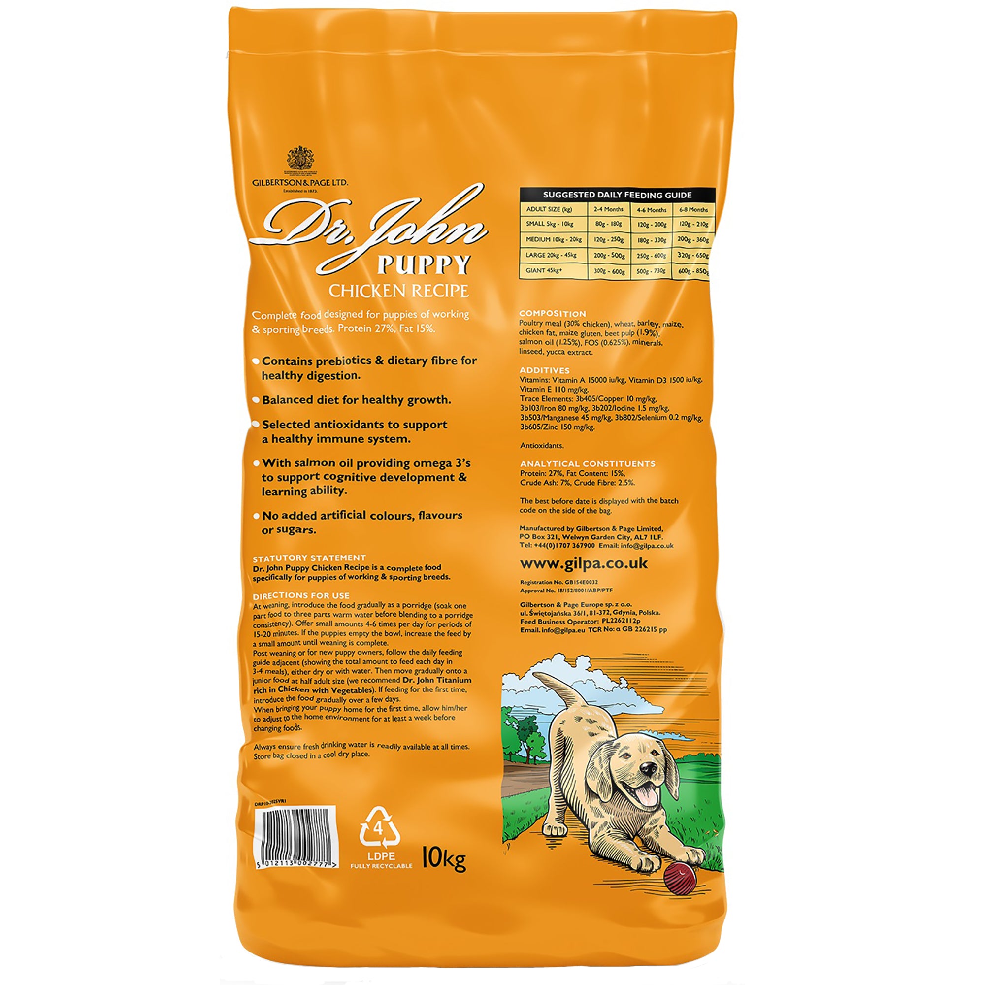 Orange bag of Dr. John Puppy Chicken Recipe dog food with text and a dog illustration on a white background.