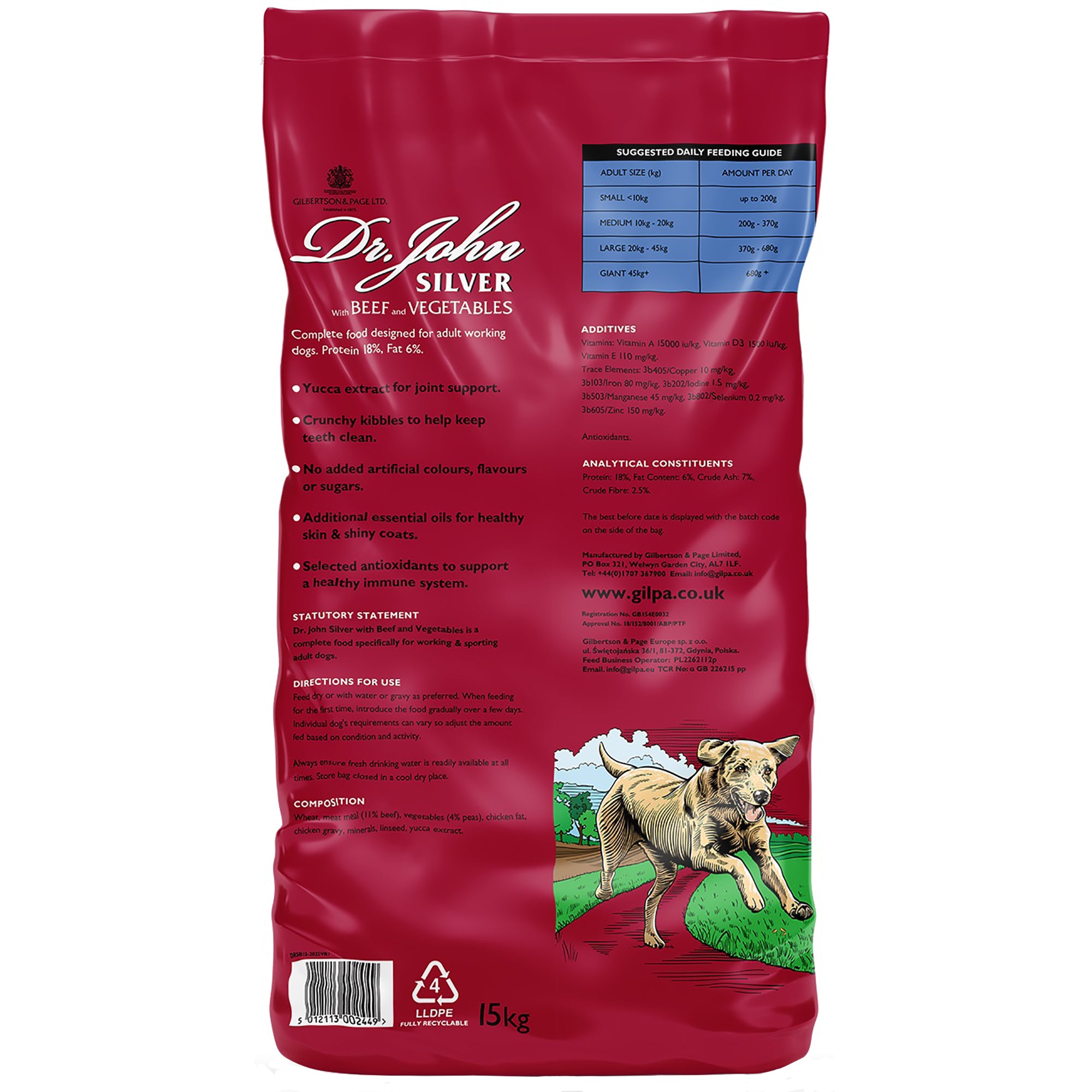 Red bag of Dr. John Silver dog food with text and a dog illustration on a white background