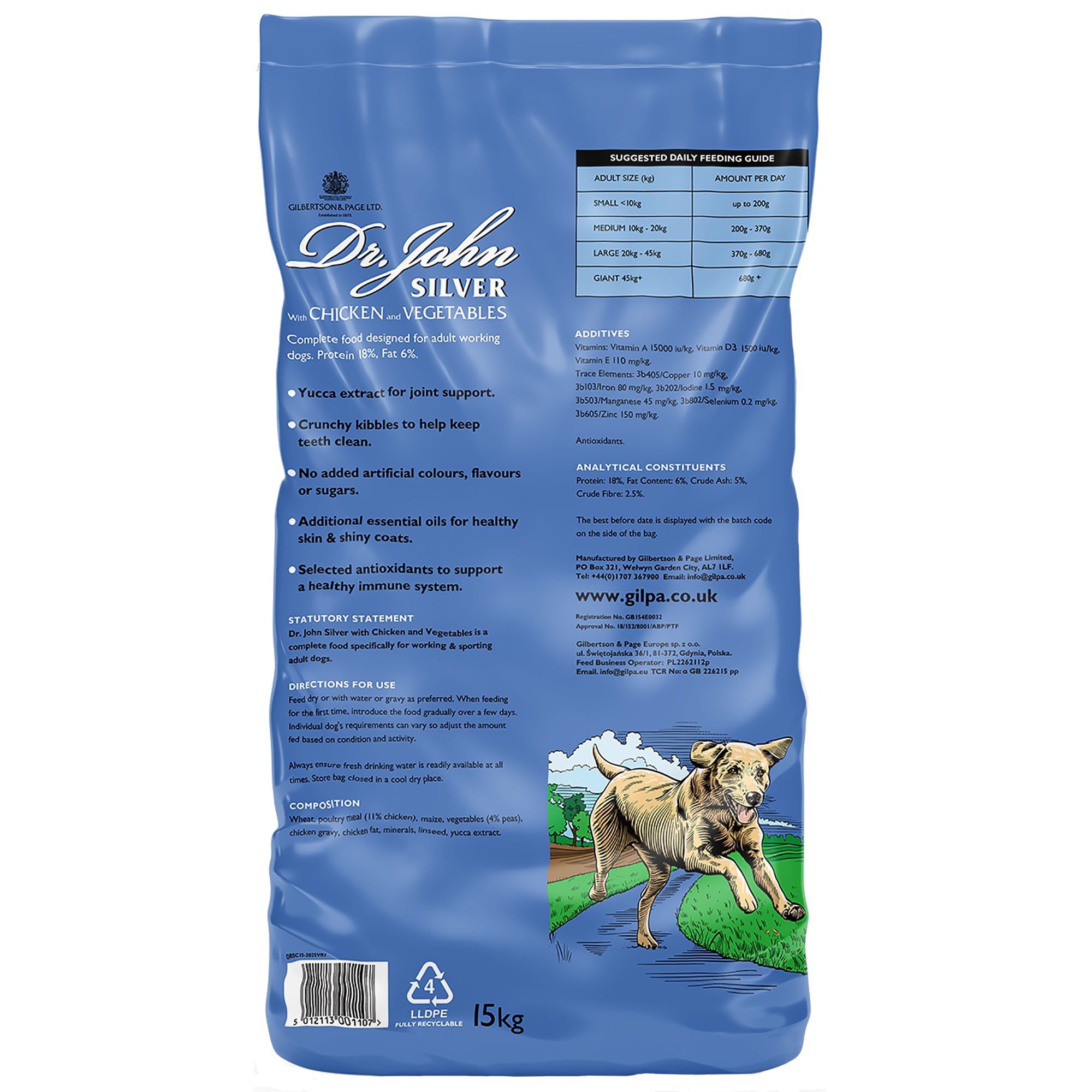 Blue bag of Dr. John Silver dog food with a dog on the label