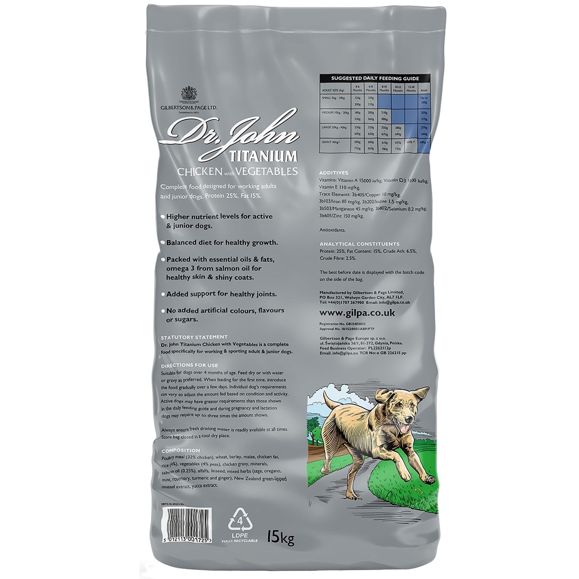 Dog food package with 'Dr John Titanium' branding on a white background