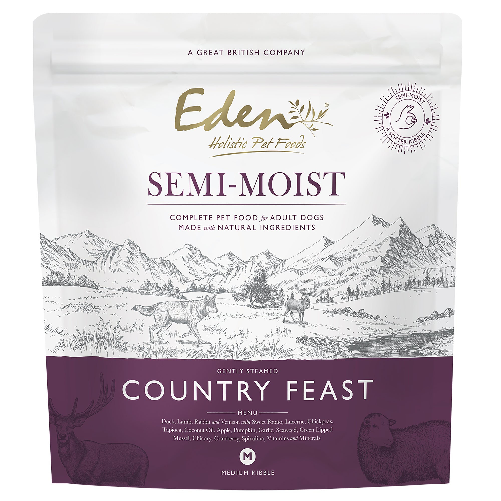 Eden holistic pet foods semi-moist complete pet food for adult dogs packaging with mountain and landscape design.