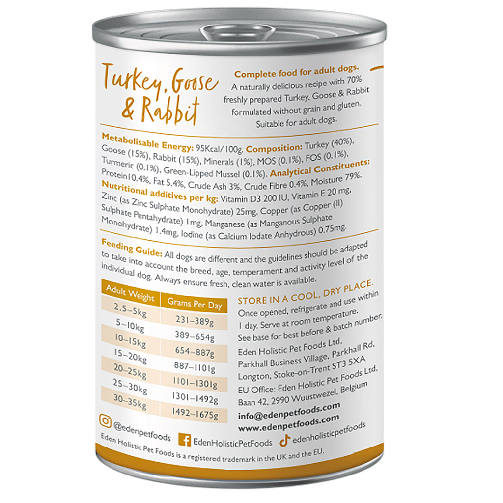Can of dog food with label detailing ingredients and nutritional information on a white background