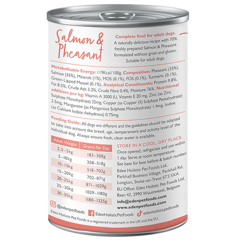 Can of salmon and pheasant dog food with label details on a white background