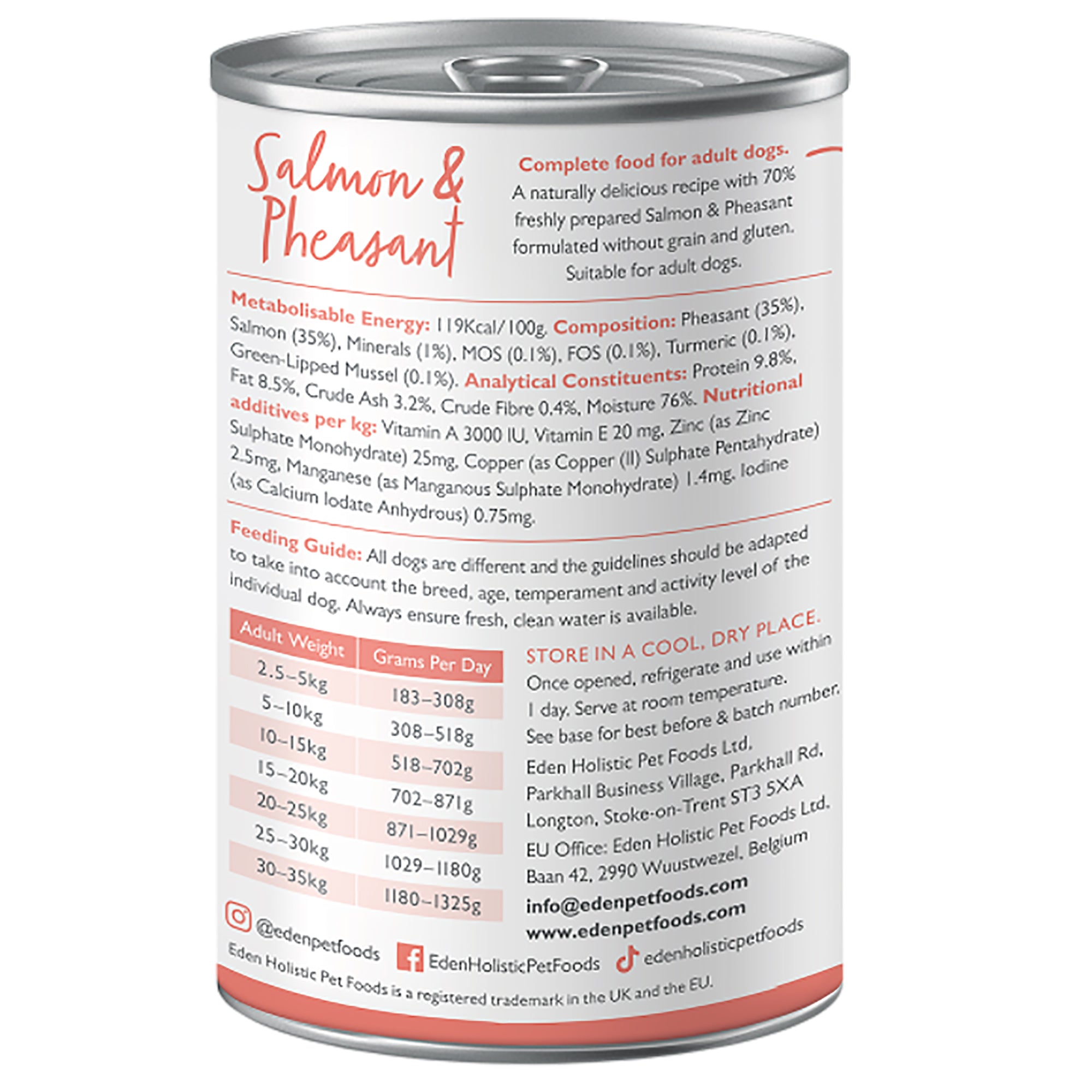Can of salmon and pheasant dog food with label details on a white background