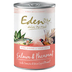 Eden holistic pet food can for dogs with salmon and pheasant flavor on a white background