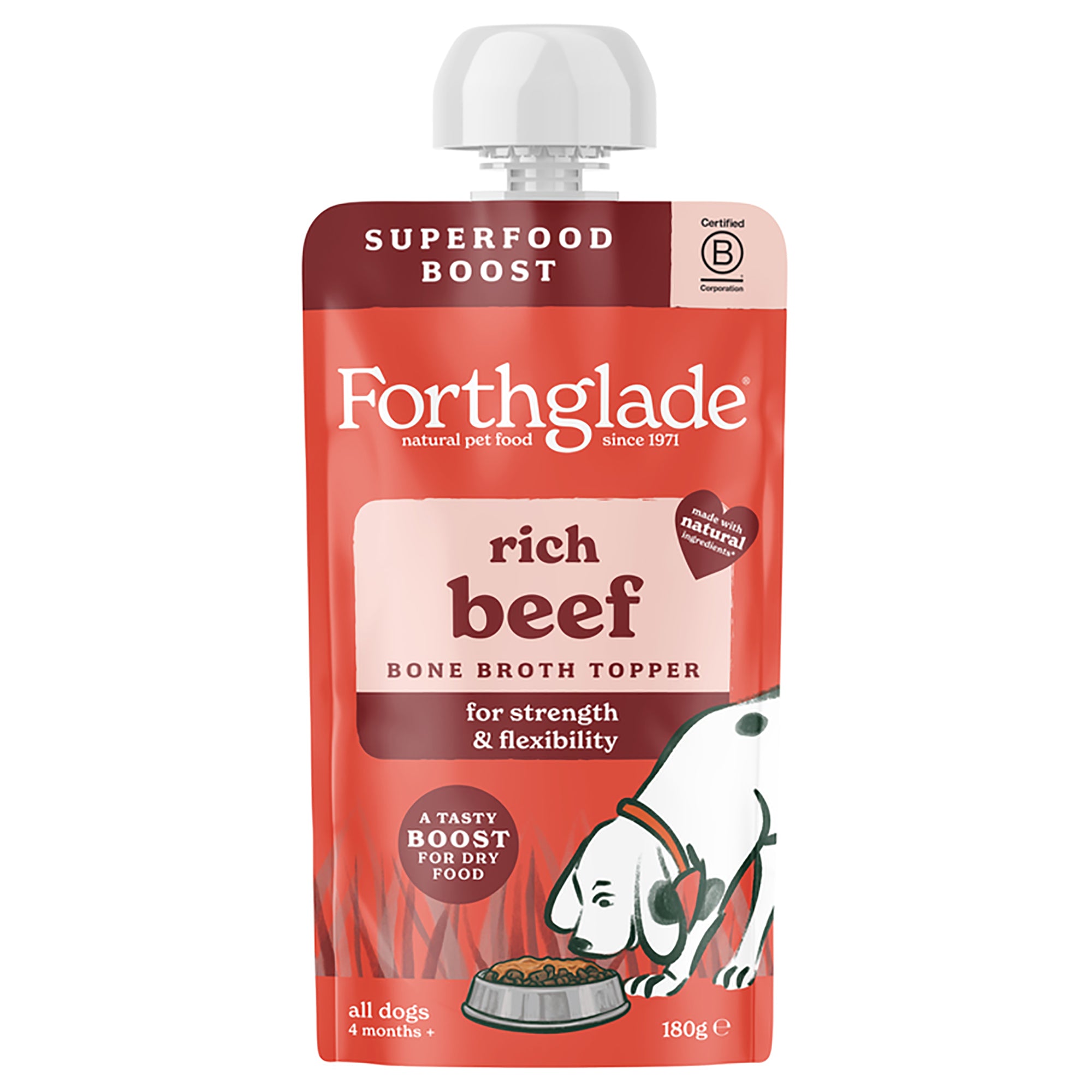 A pouch of Forthglade Rich Beef Bone Broth Topper dog food on a plain white background. The packaging is primarily red with a white cap and features an illustration of a dog eating from a bowl.