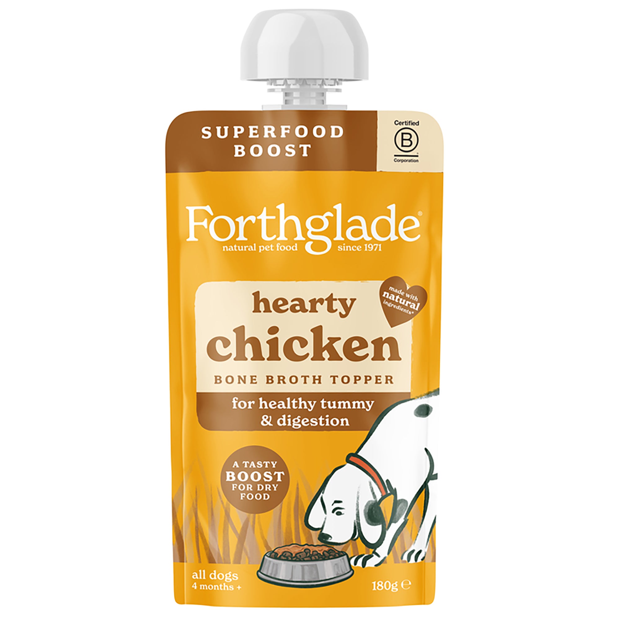 A single pouch of Forthglade Hearty Chicken Bone Broth Topper dog food, featuring a bright yellow-orange design with brown accents, a white cap, and an illustration of a dog eating from a bowl.