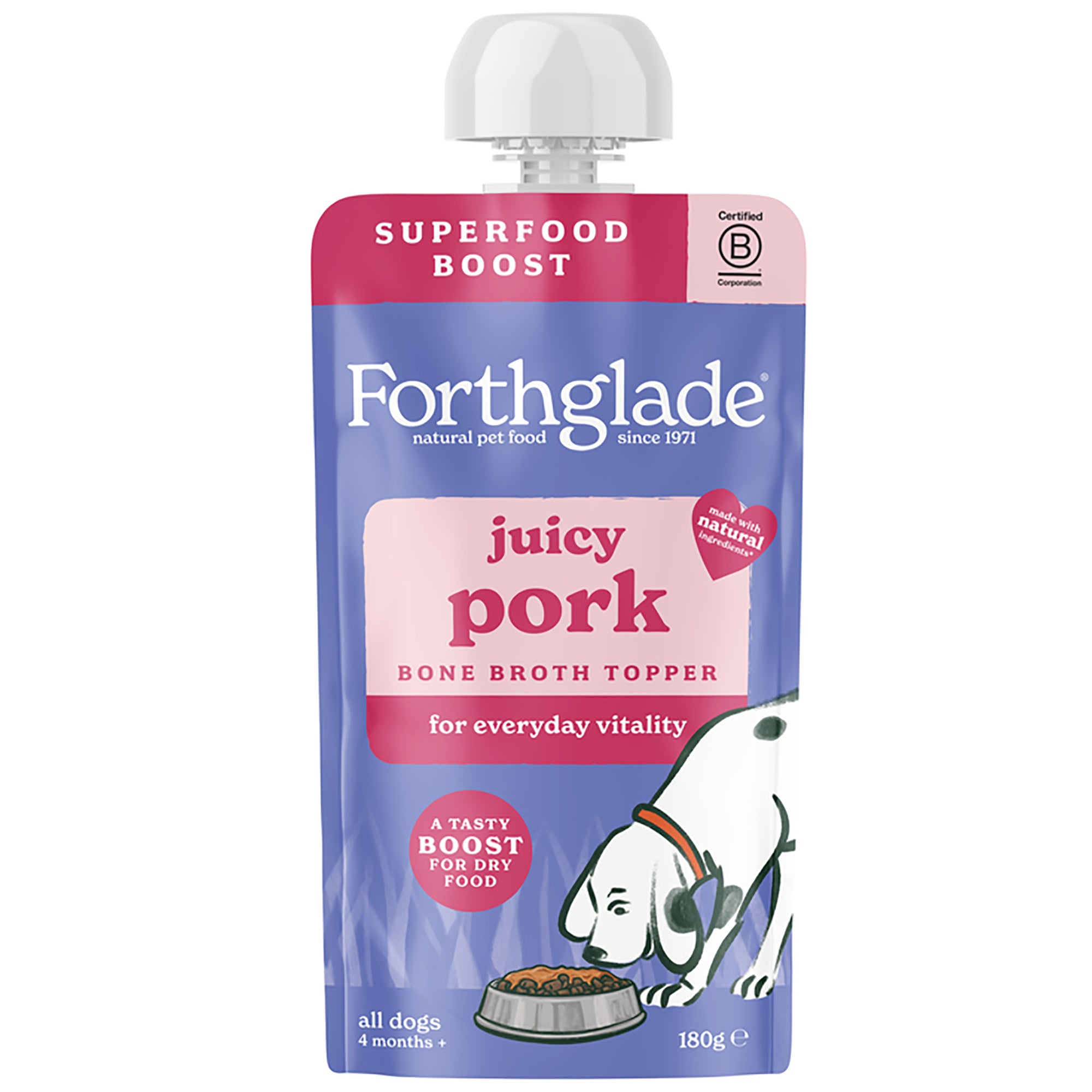 A single Forthglade Juicy Pork Bone Broth Topper pouch for dogs, featuring a purple and pink design with a white cap, shown on a plain white background.