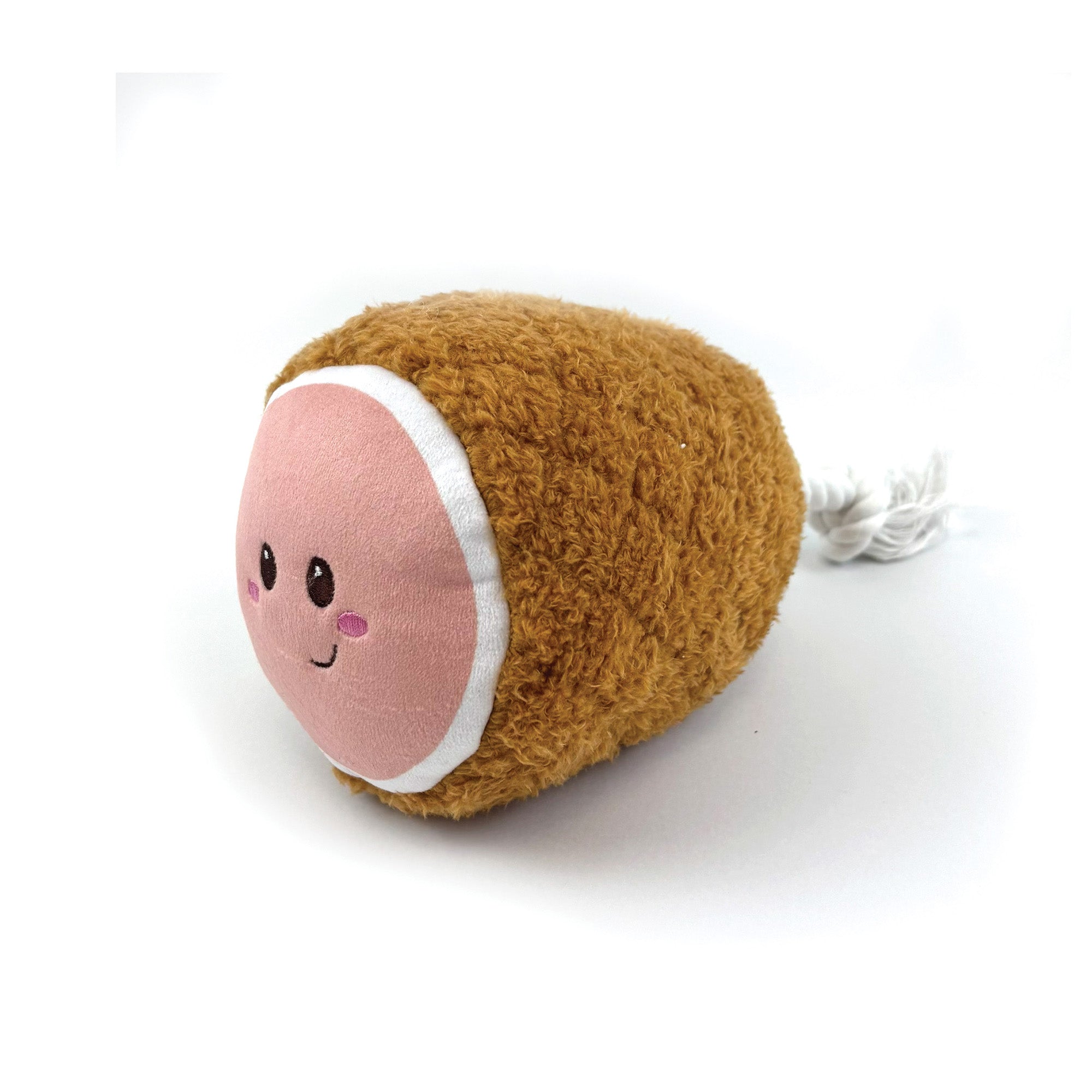 Happy Pet Christmas Ham Rope Tug Dog Toy 41cm — soft plush ham character with embroidered face, textured golden body, pink face detail, and knotted rope handle on white background