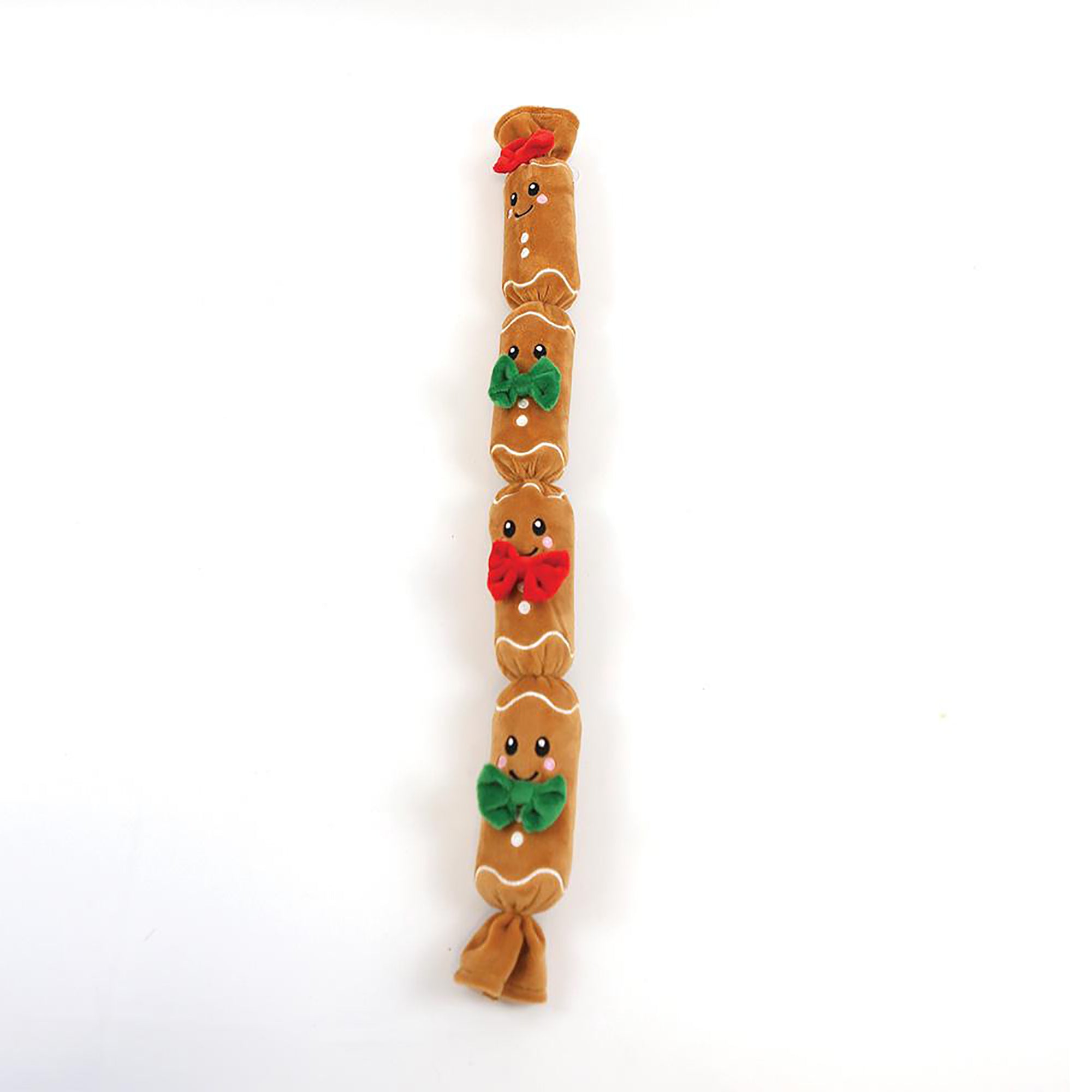 Happy Pet Christmas Hot Diggity Dog Toy 60cm - long gingerbread man plush dog toy with multiple segments, festive red and green bow ties, on white background