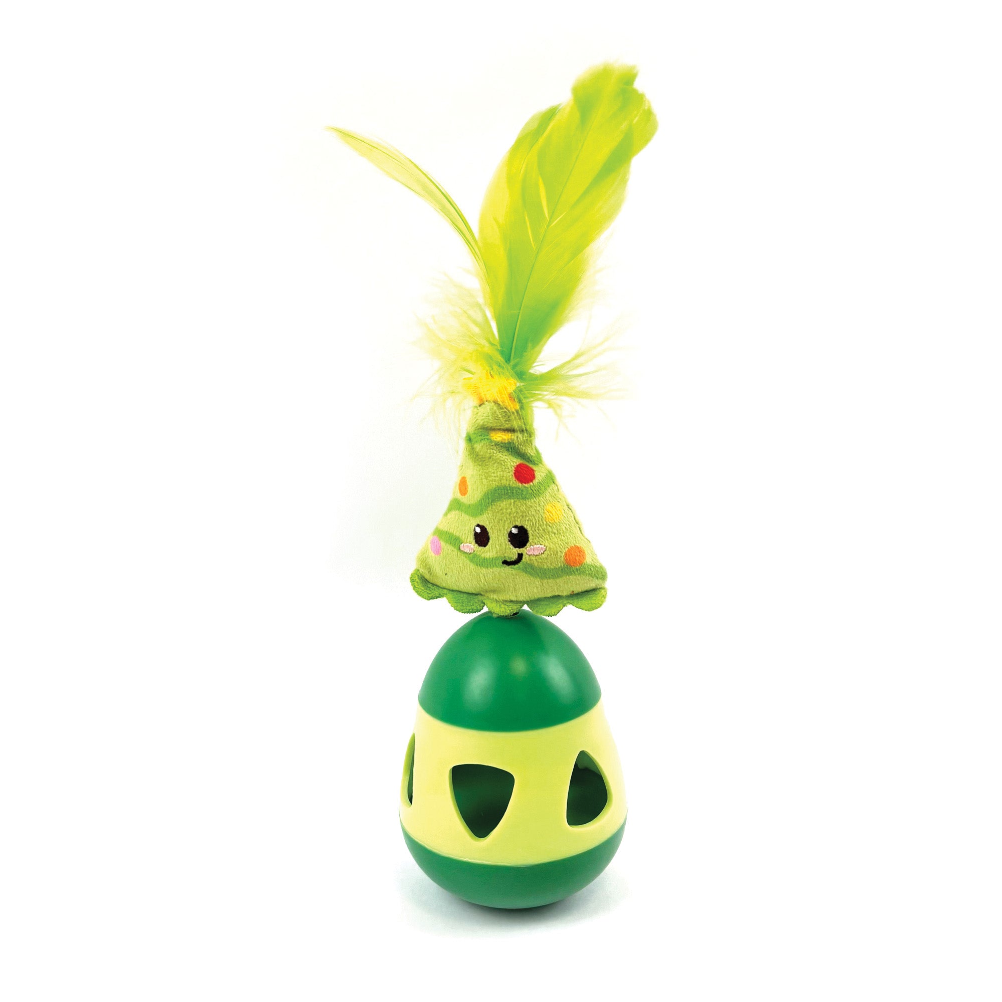 Happy Pet Cooper Christmas Tree Cat Treat Wobbler Toy 22cm — green treat wobbler base with plush Christmas tree character and green feathers on top, on a white background