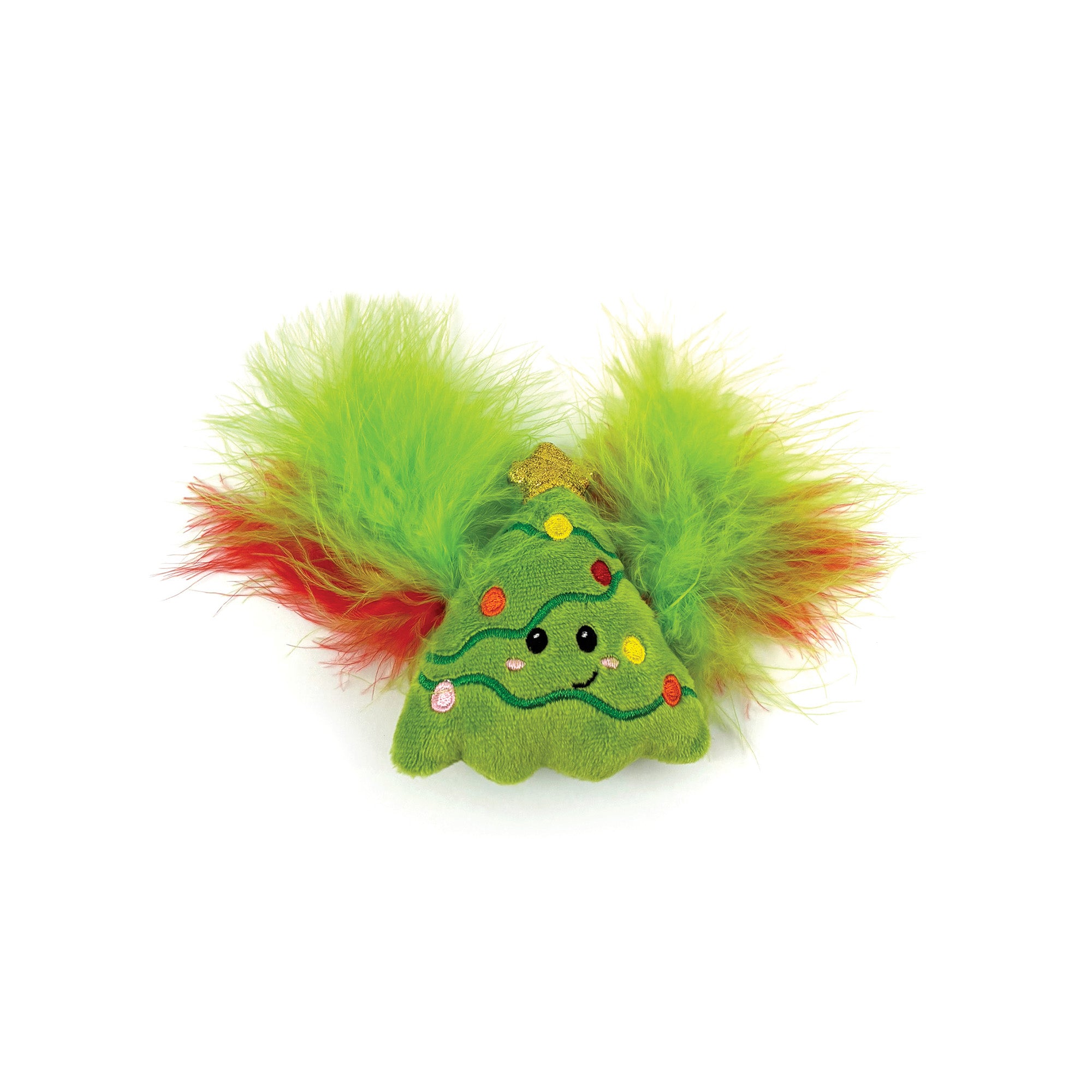Happy Pet Cooper Christmas Tree Feather Cat Toy — green plush Christmas tree character with fluffy green and red feathers, gold star topper, and embroidered colourful baubles