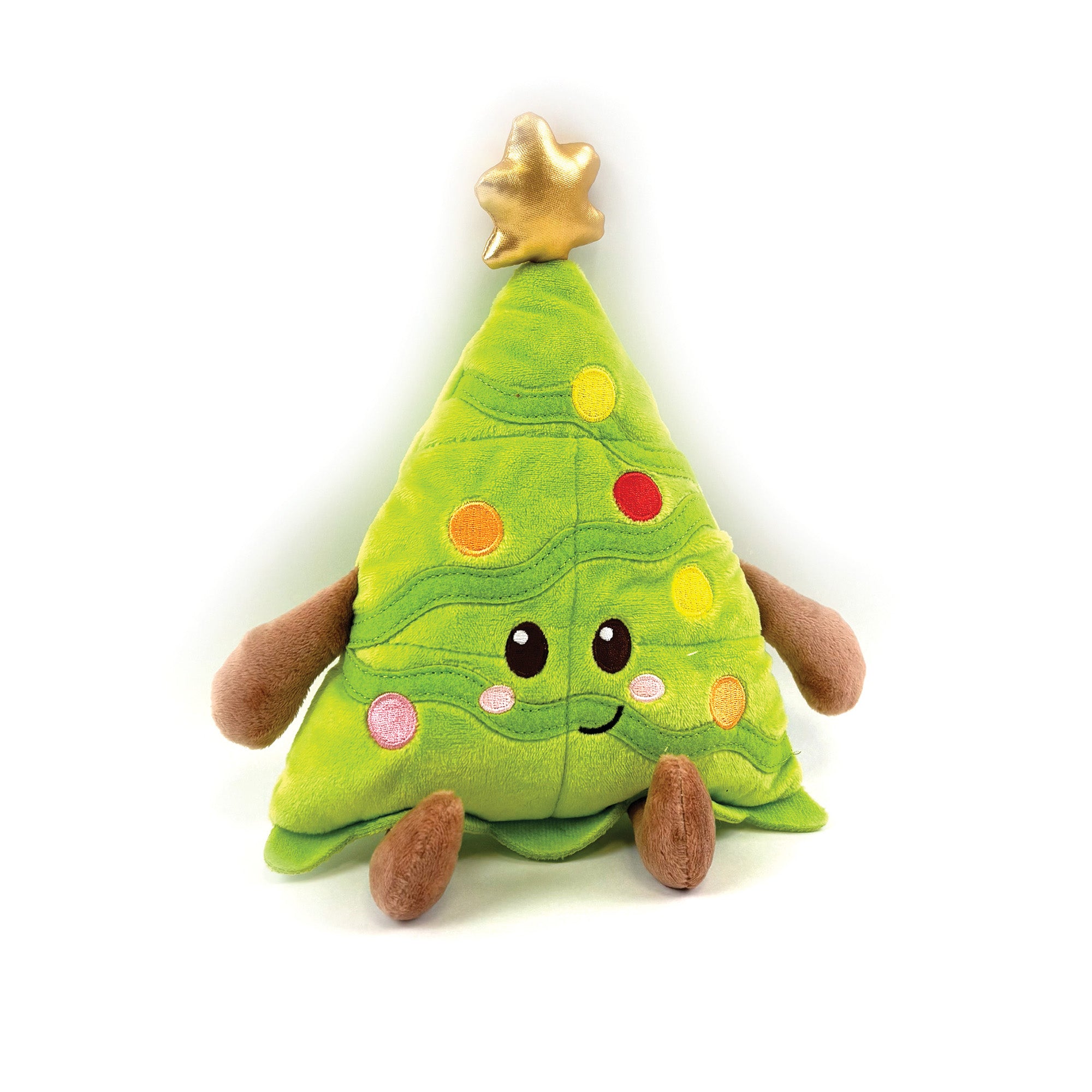 Happy Pet Cooper Christmas Tree Multi Squeaker Dog Toy 27cm - soft green plush Christmas tree dog toy with embroidered coloured baubles, gold star topper, smiley face and four brown plush arms and legs