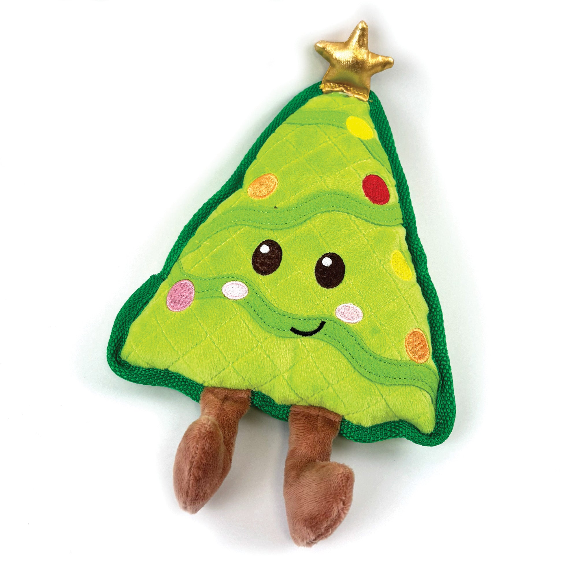 Happy Pet Cooper Christmas Tree Tough Dog Toy 28cm - bright green quilted Christmas tree dog toy with embroidered bauble decorations, gold star topper, smiley face and brown plush legs