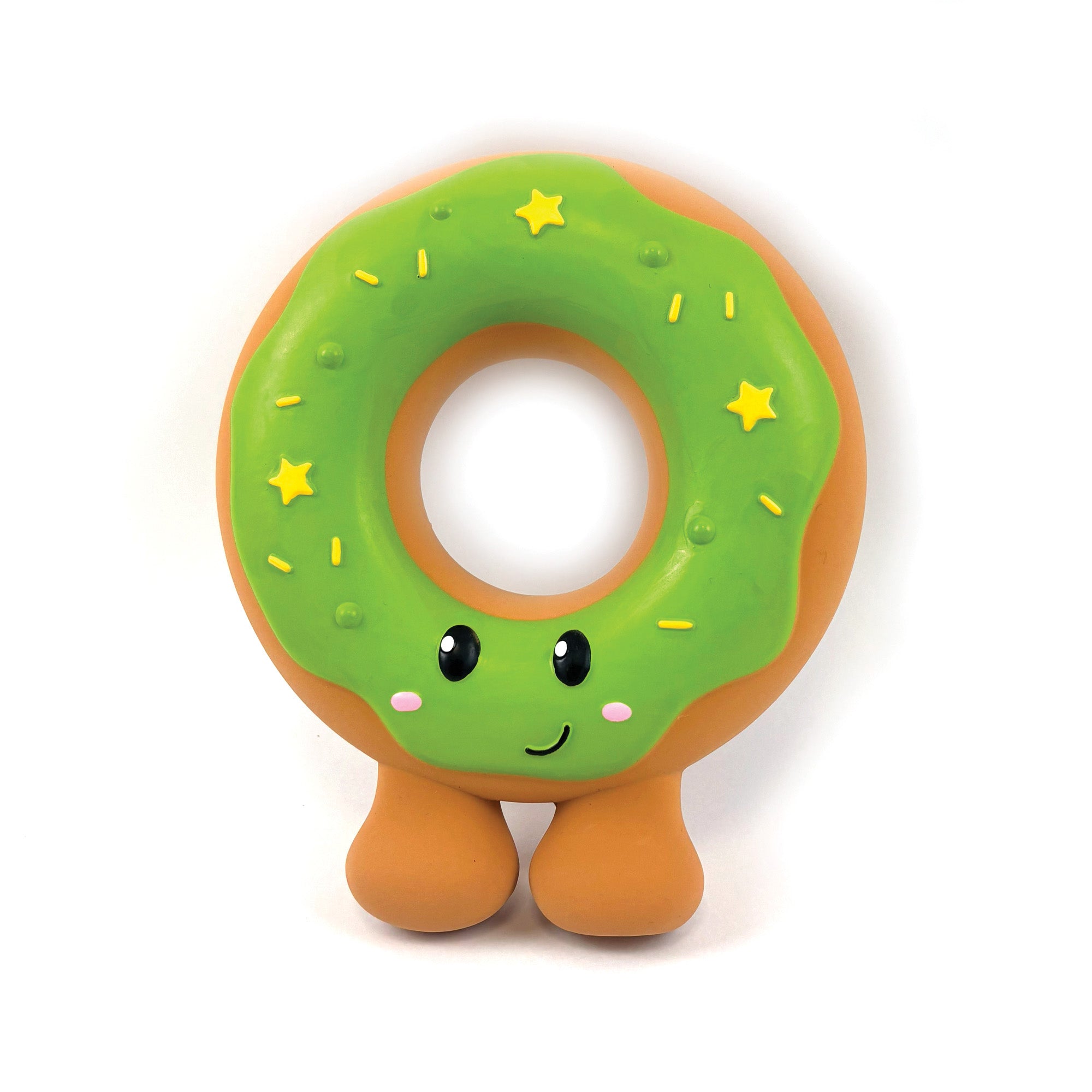 Happy Pet Festive Donut Latex Christmas Dog Toy 18cm — green donut character dog toy with smiley face, yellow stars and sprinkle details, on a white background