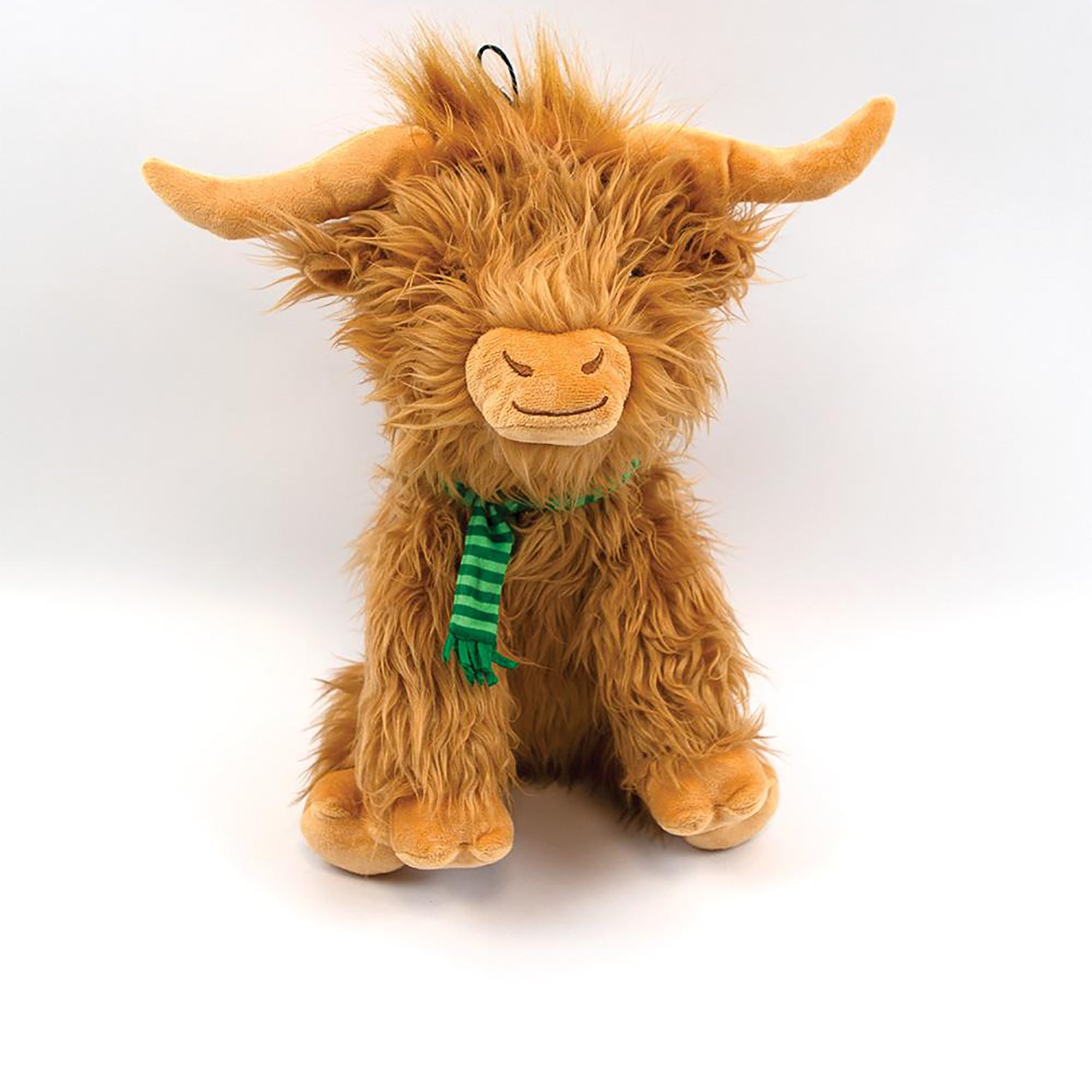 Happy Pet Festive Highland Cow Christmas Dog Toy 21cm - fluffy brown highland cow plush dog toy with long horns and green striped scarf, on white background